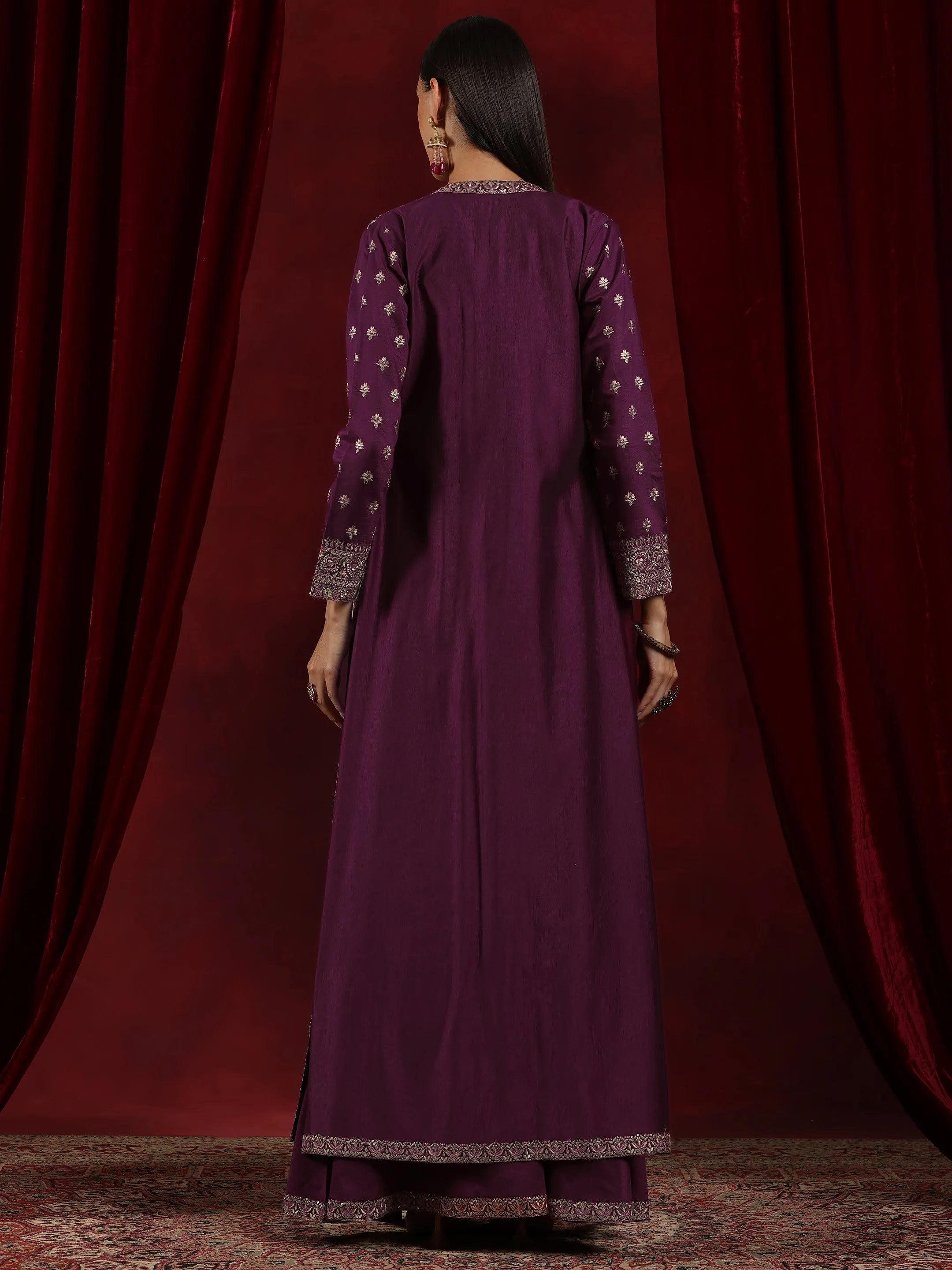 Libas Art Wine Solid Silk Blend Co-Ords With Shrug