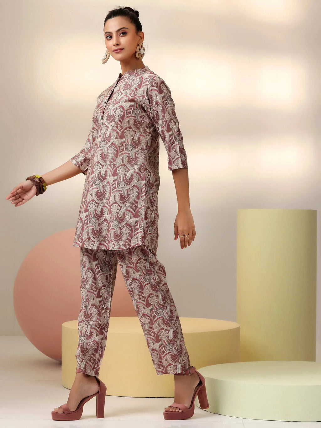 Brown Printed Silk Blend Co-Ords