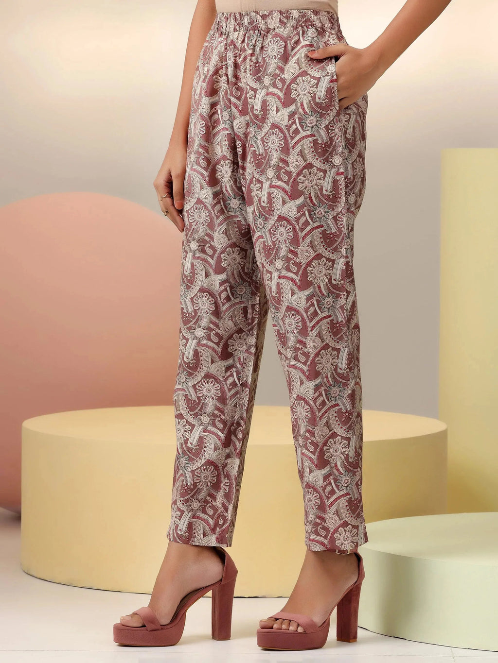 Brown Printed Silk Blend Co-Ords