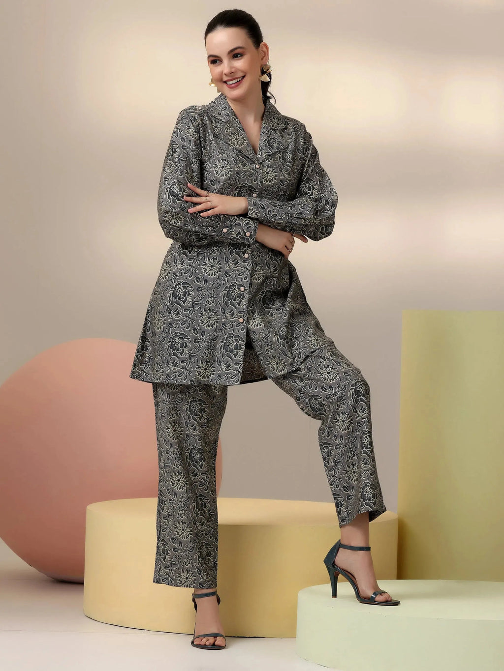 Grey Printed Silk Blend Co-Ords