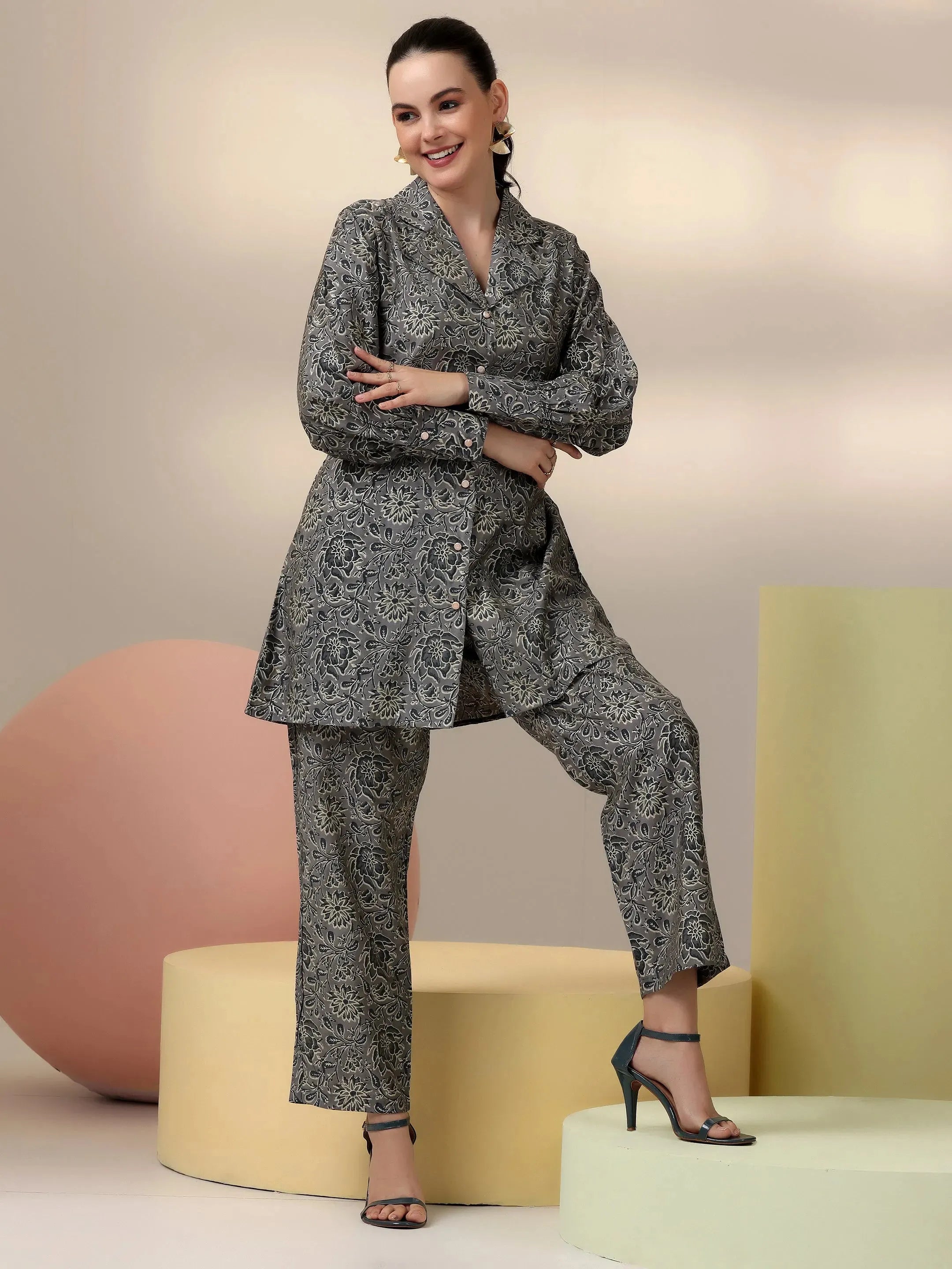 Grey Printed Silk Blend Co-Ords