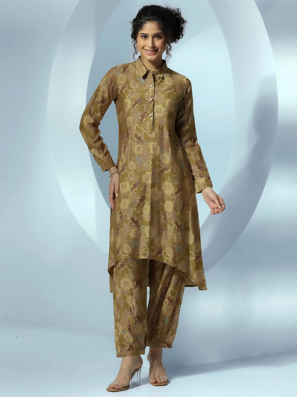 Olive Printed Silk Blend Co-Ords