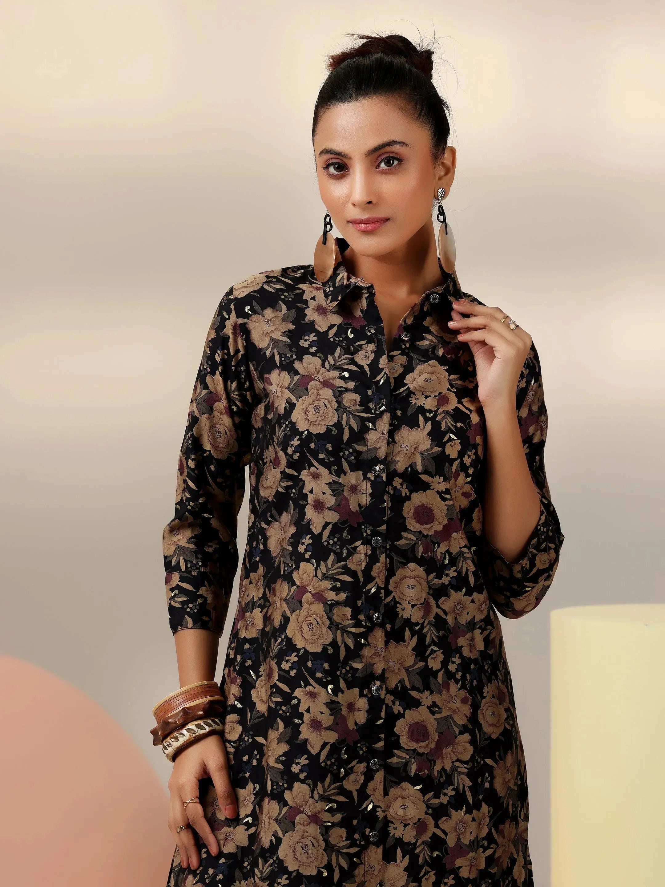 Black Printed Silk Blend Co-Ords