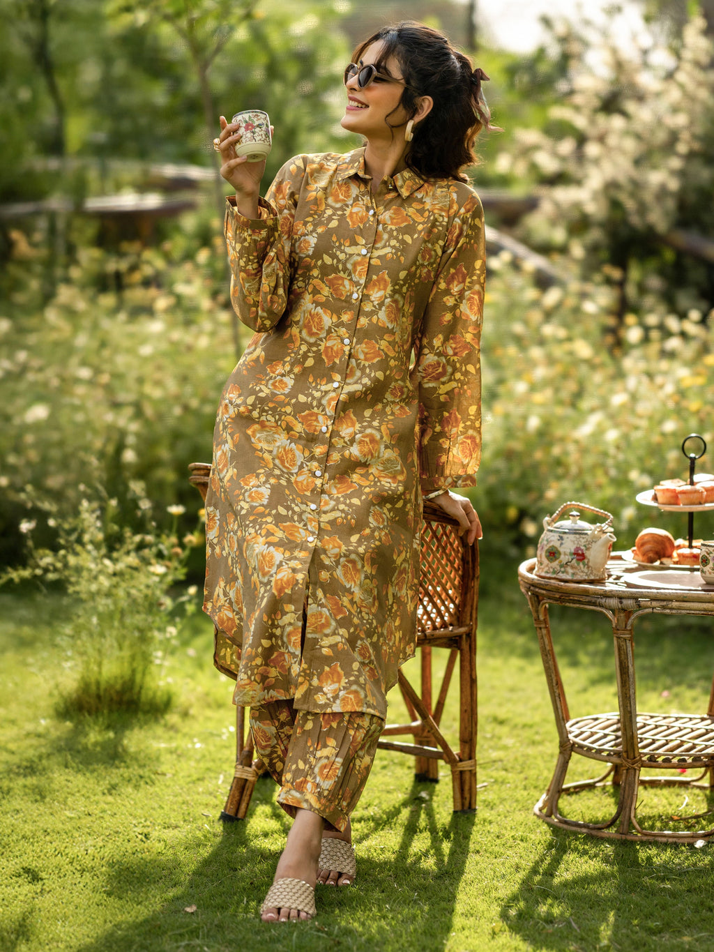 Brown Printed Silk Blend Co-Ords