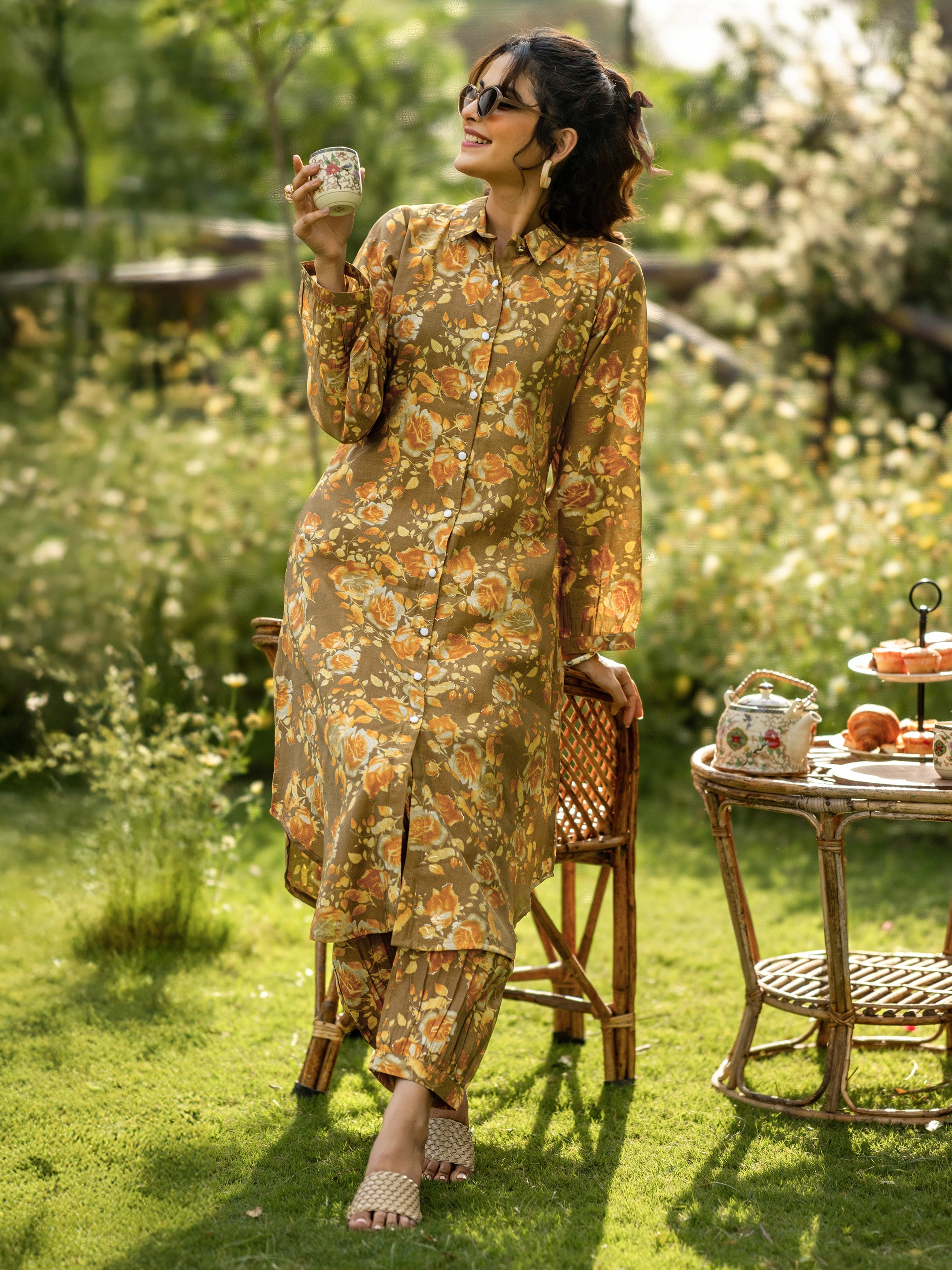 Brown Printed Silk Blend Co-Ords