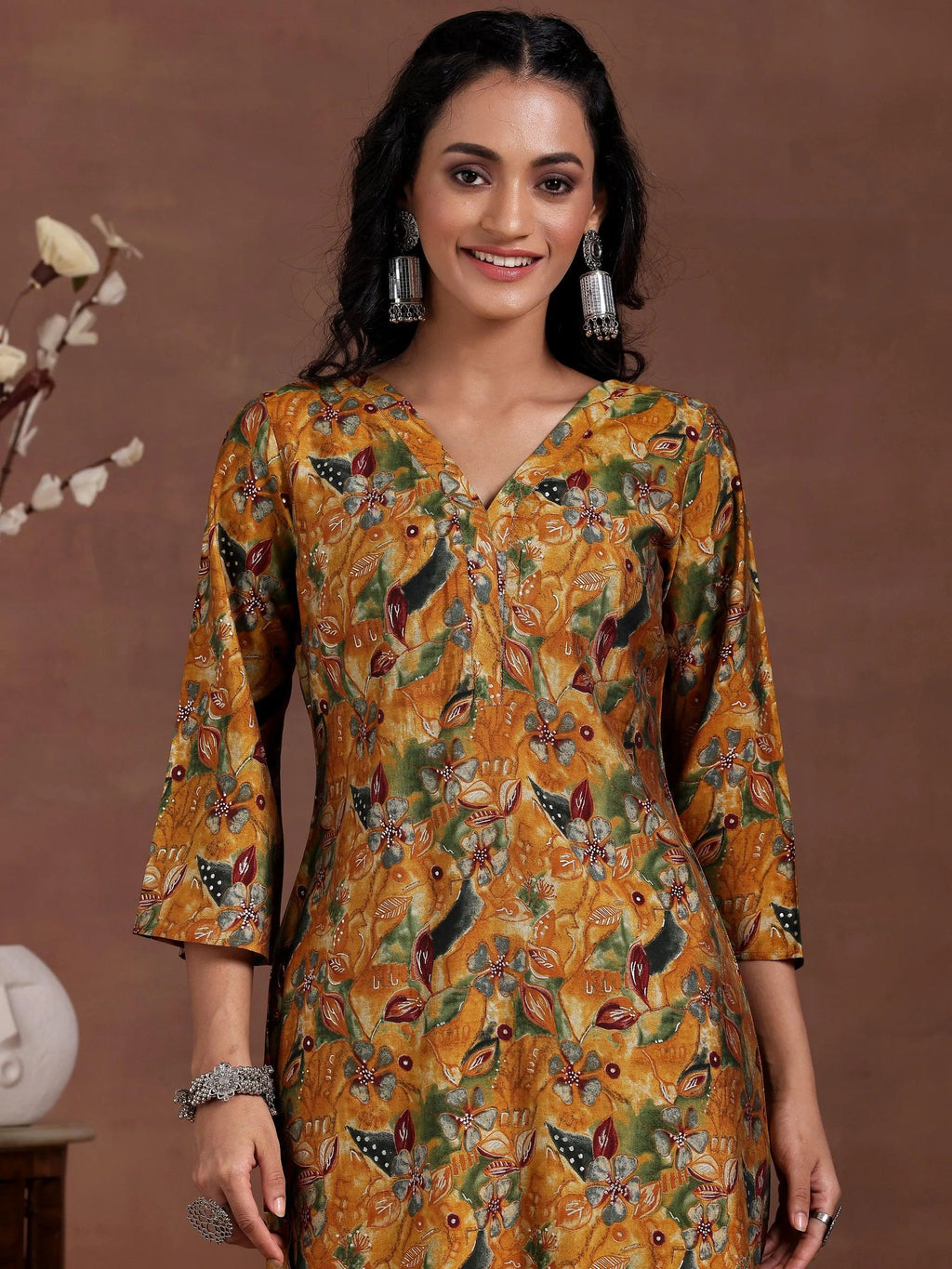 Mustard Printed Silk Blend Co-Ords