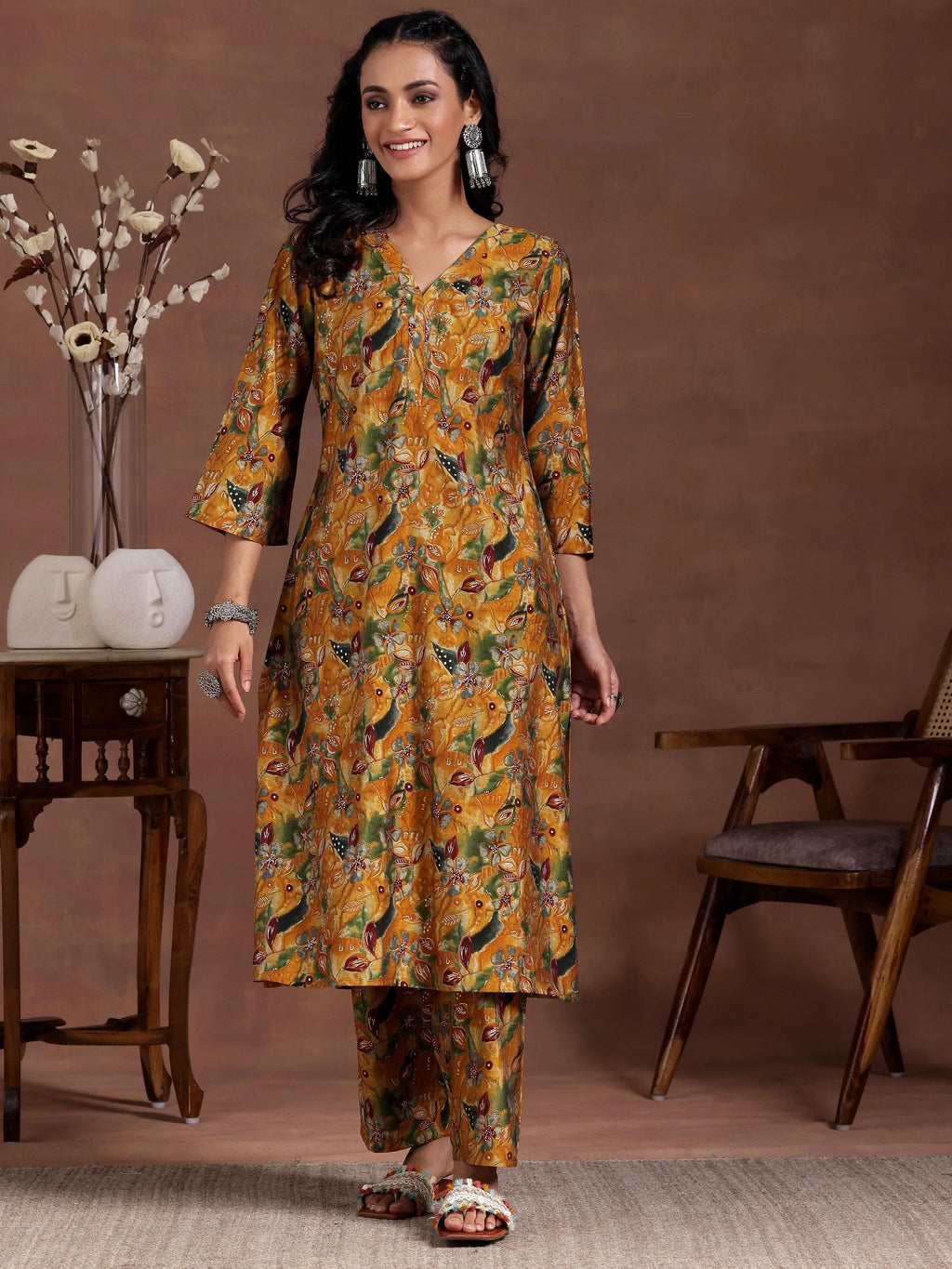 Mustard Printed Silk Blend Co-Ords