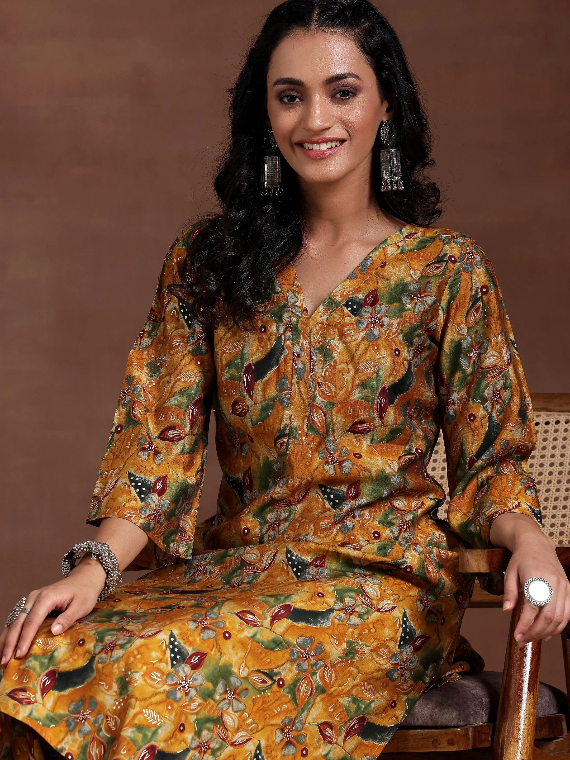 Mustard Printed Silk Blend Co-Ords