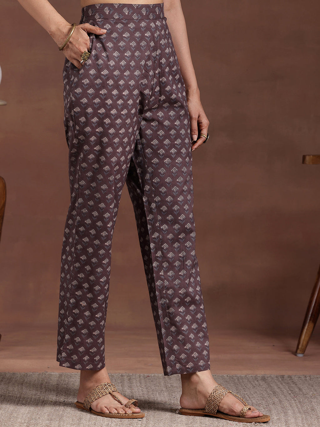 Brown Printed Cotton Straight Kurta Set