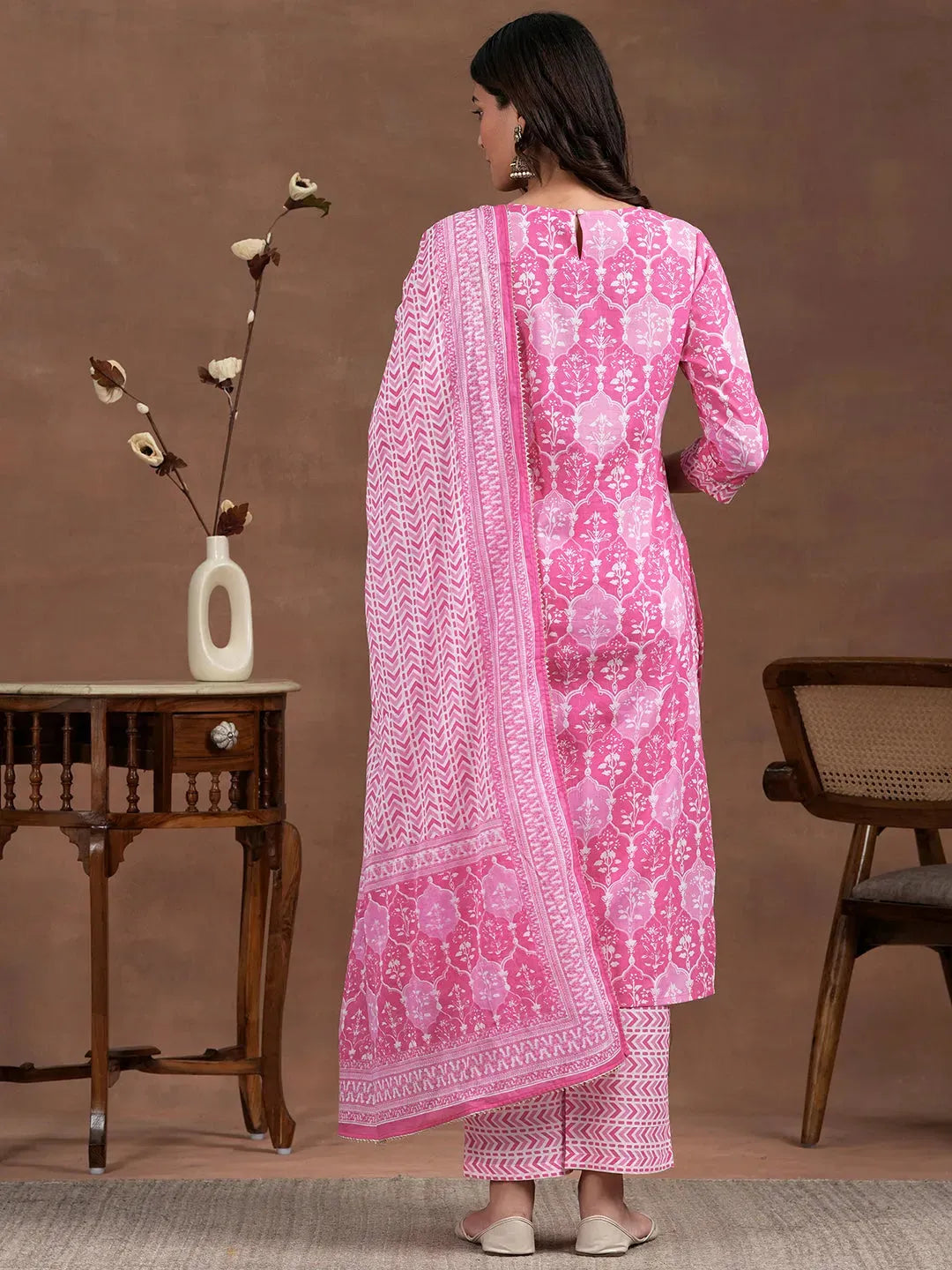 Pink Printed Cotton Straight Suit With Dupatta