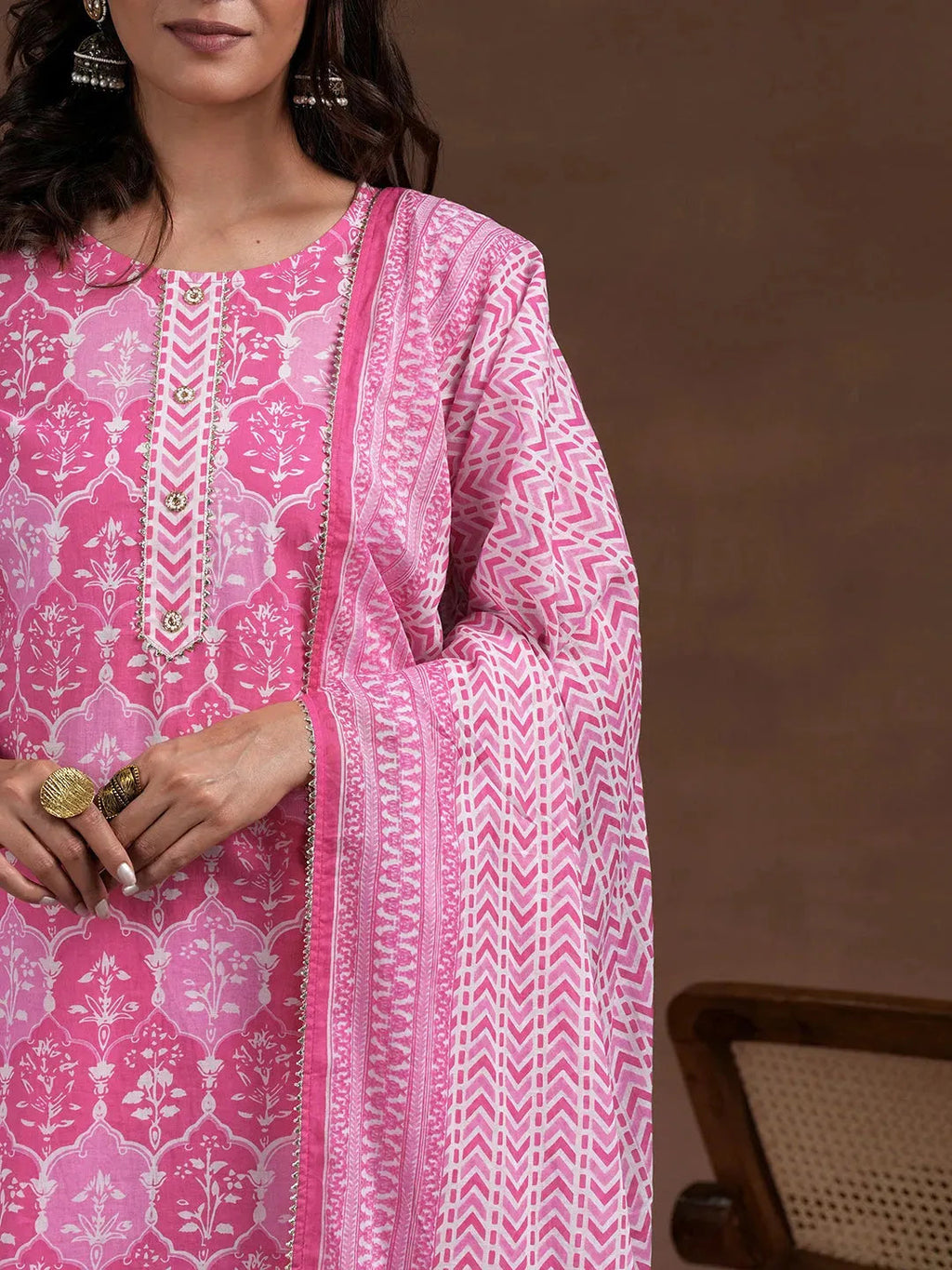Pink Printed Cotton Straight Suit With Dupatta
