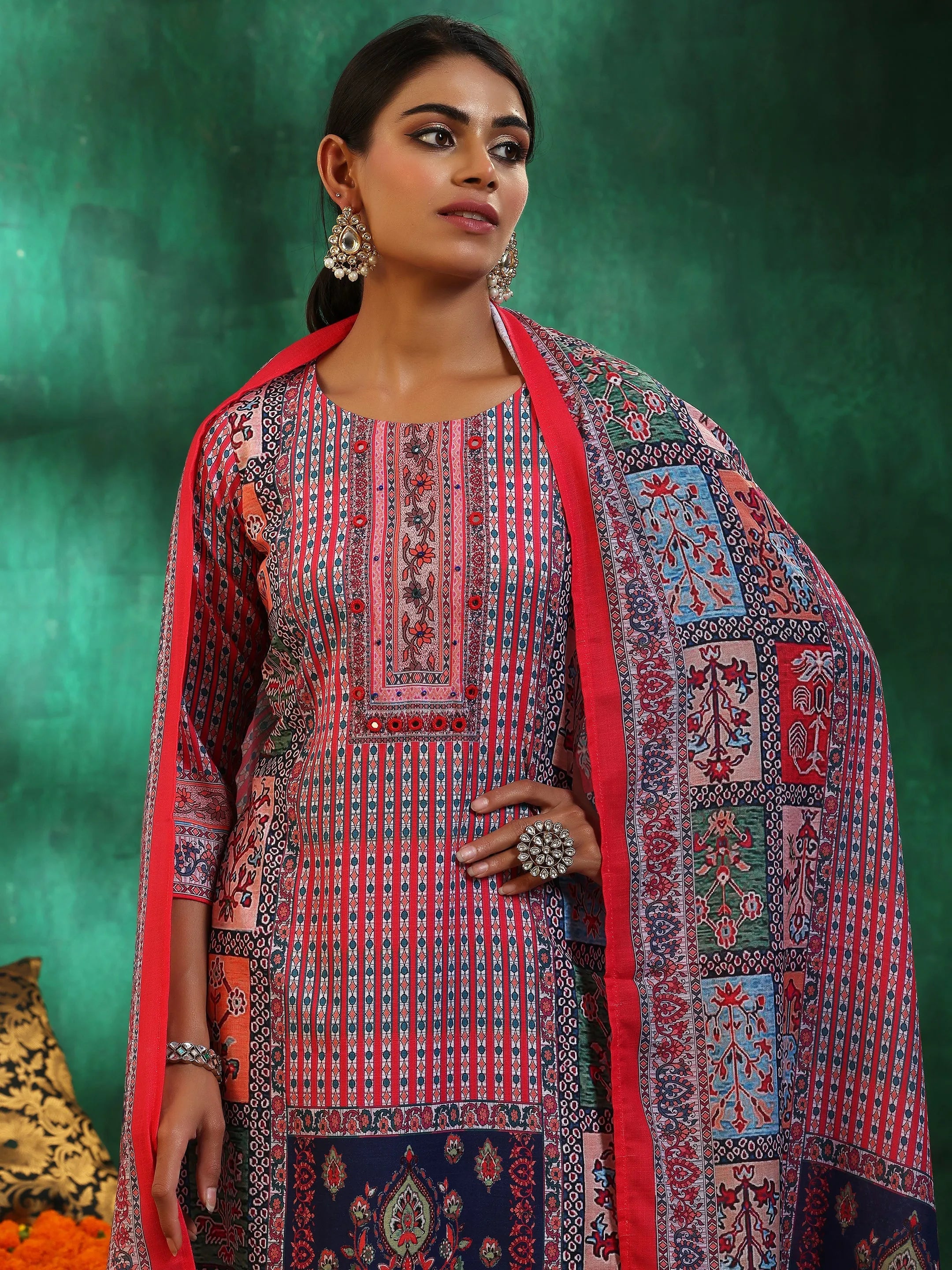 Multicoloured Printed Linen Straight Suit With Dupatta