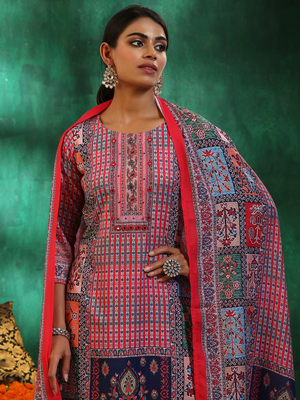 Multicoloured Printed Linen Straight Suit With Dupatta