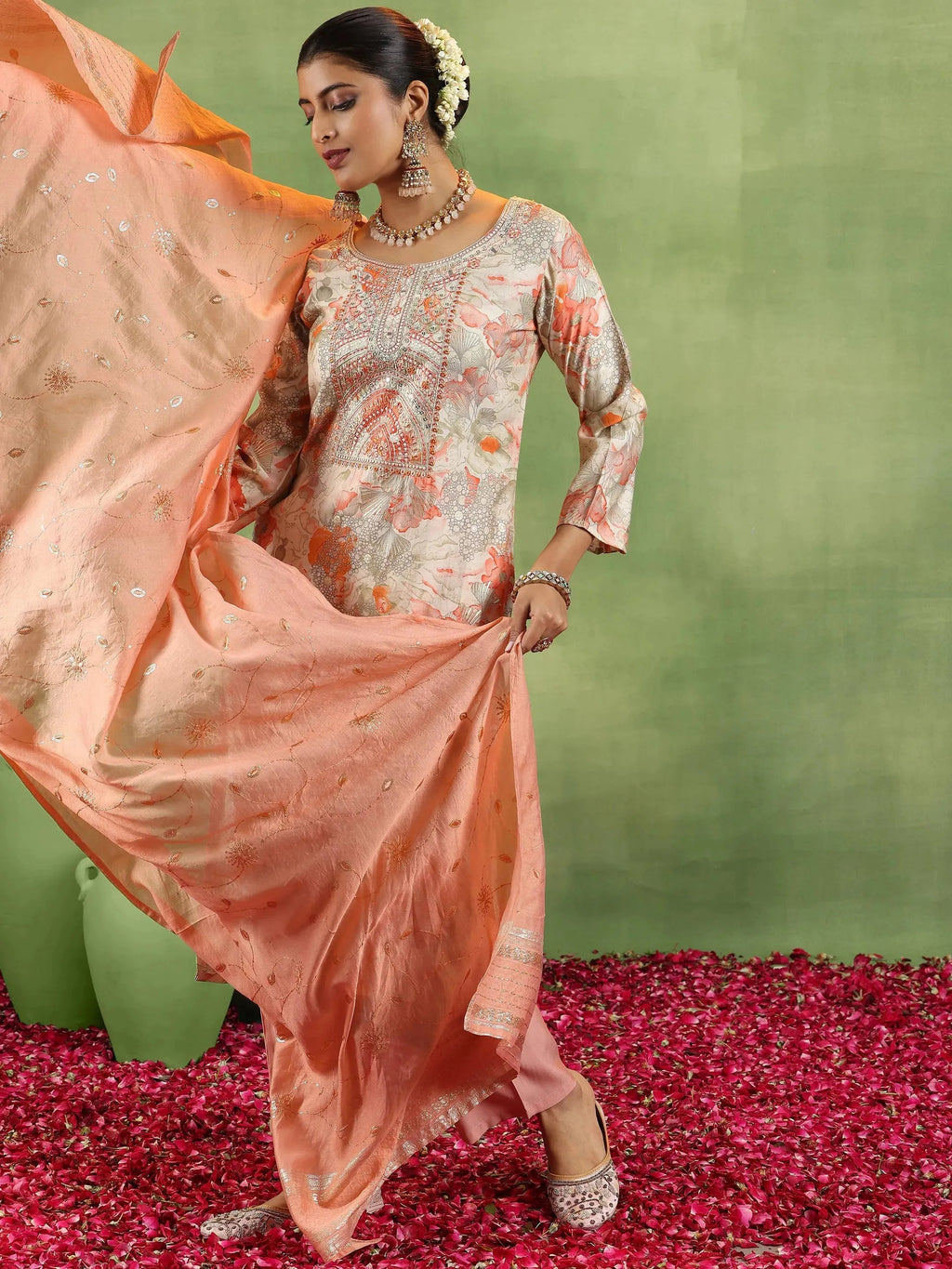 Peach Printed Silk Blend Straight Suit With Dupatta