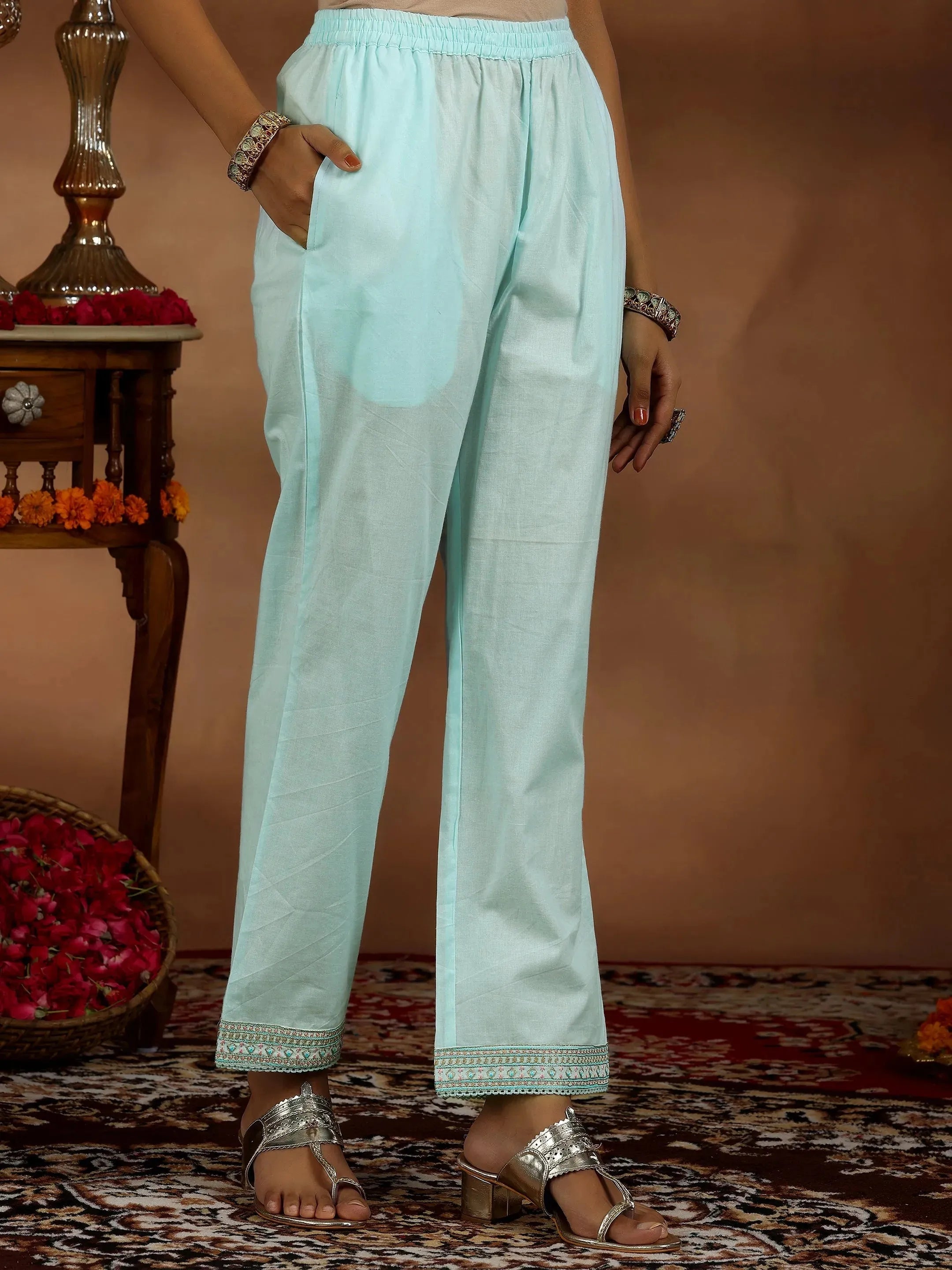 Blue Embroidered Cotton A-line Kurta With Trousers & Dupatta