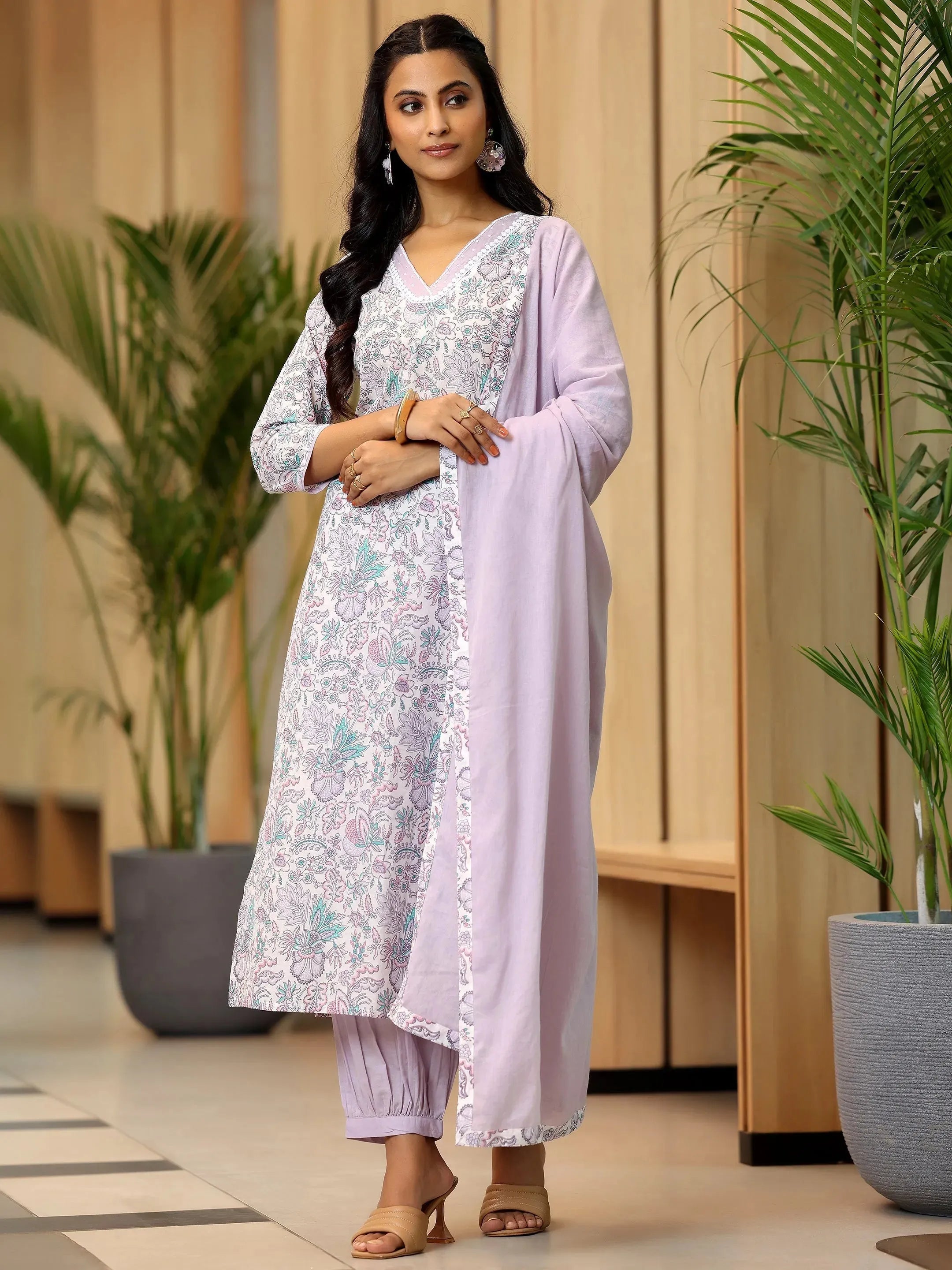 Off White Printed Cotton Straight Suit With Dupatta