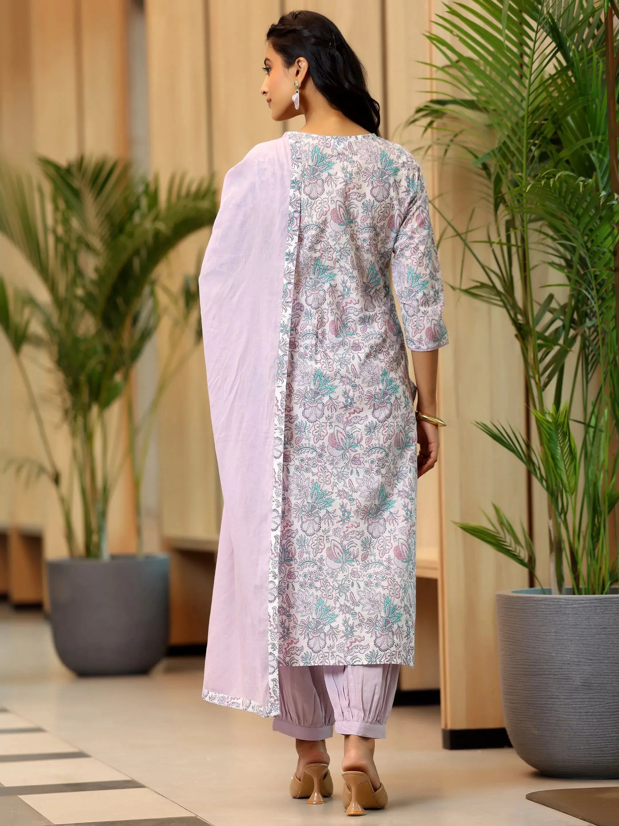 Off White Printed Cotton Straight Suit With Dupatta
