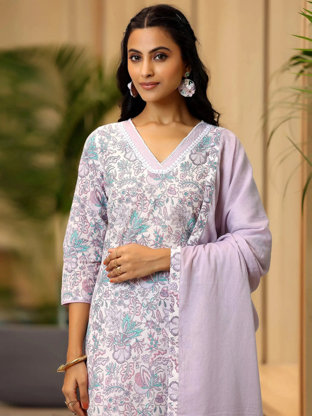 Off White Printed Cotton Straight Suit With Dupatta