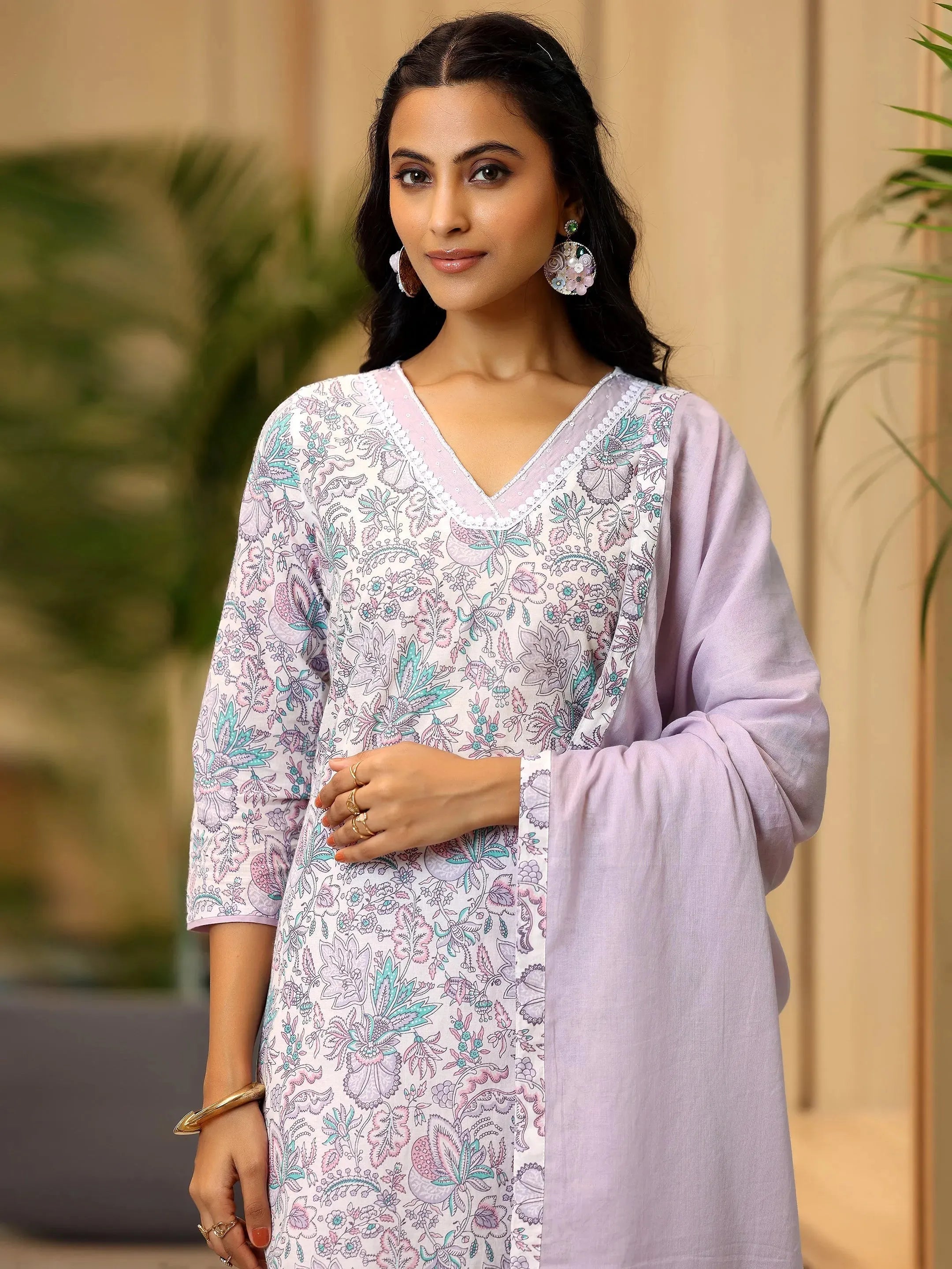 Off White Printed Cotton Straight Suit With Dupatta