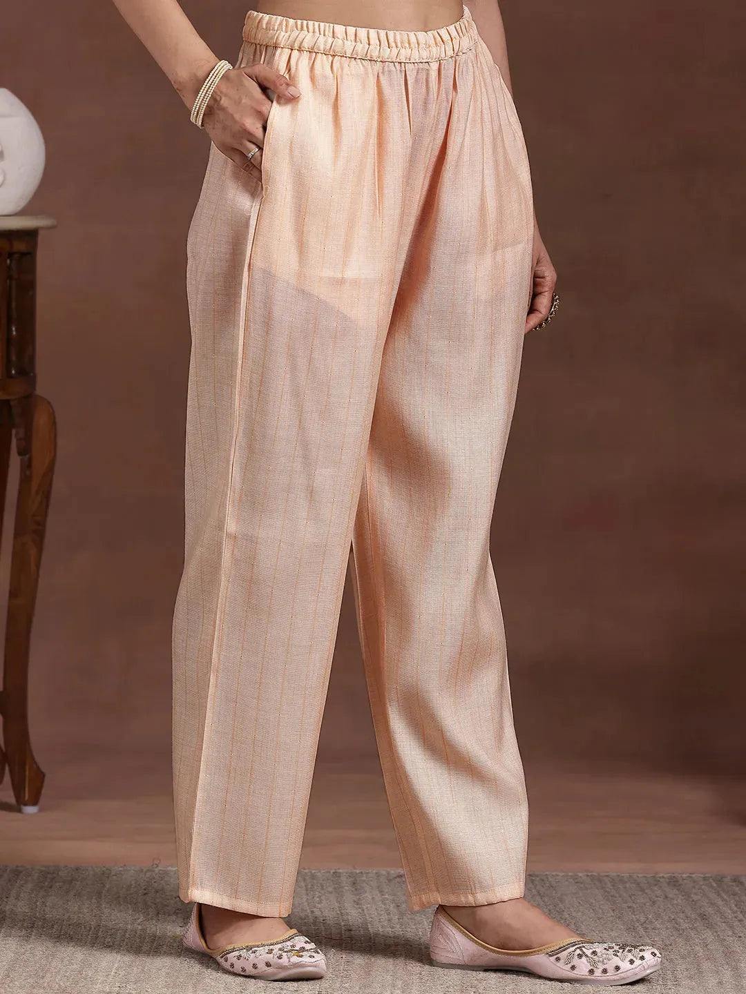 Peach Embroidered Cotton Blend Straight Suit With Dupatta