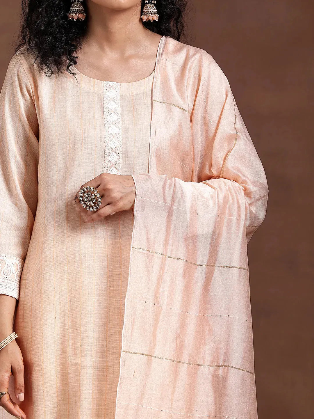 Peach Embroidered Cotton Blend Straight Suit With Dupatta