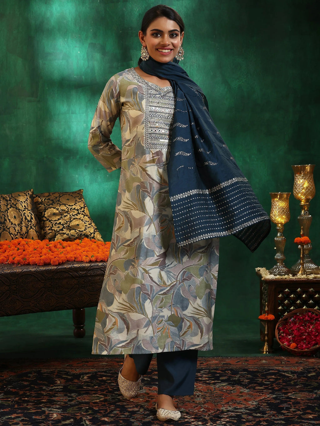 Off White Printed Silk Blend Straight Suit With Dupatta