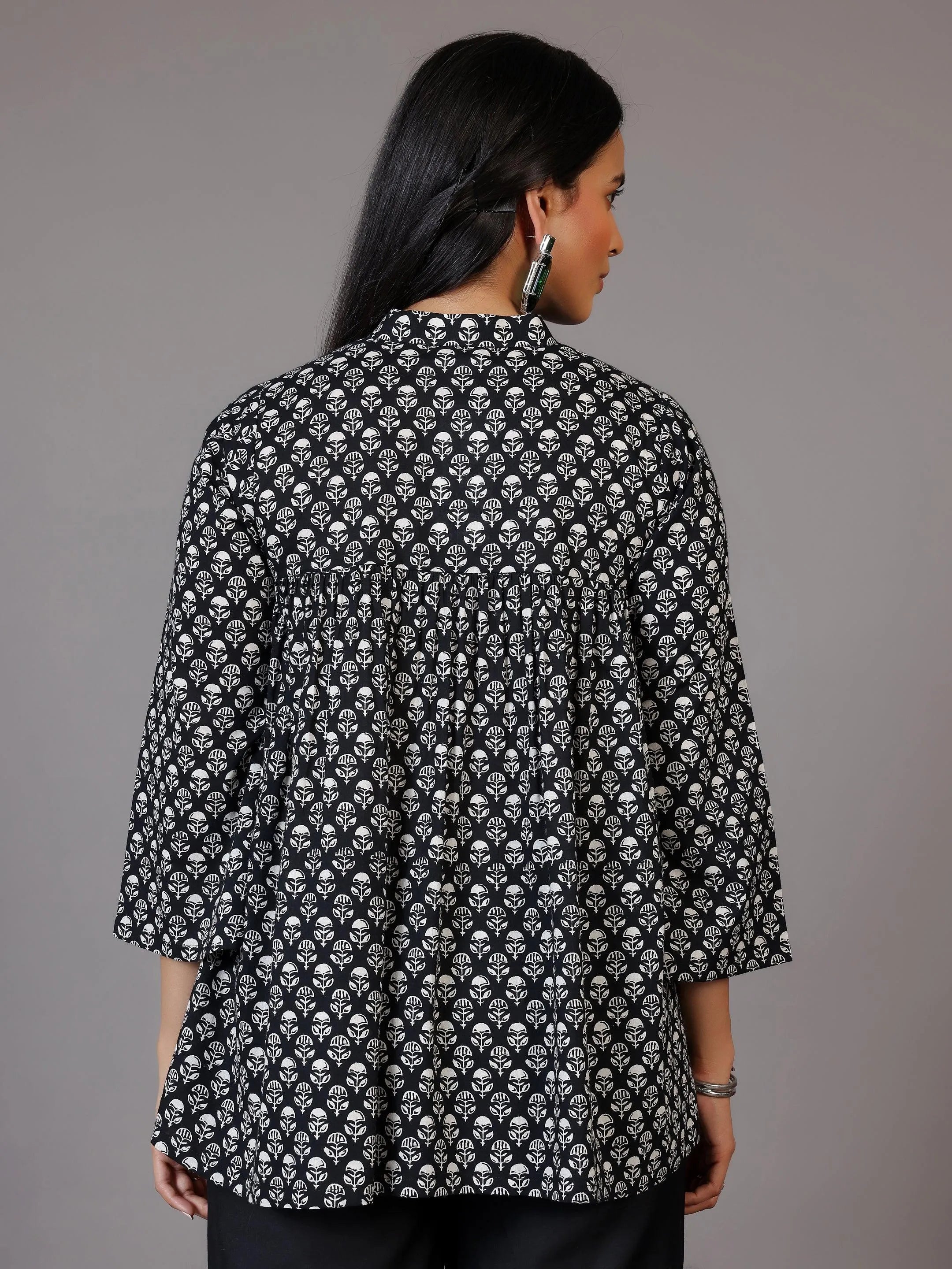 Black Printed Cotton A-Line Kurti - Libas