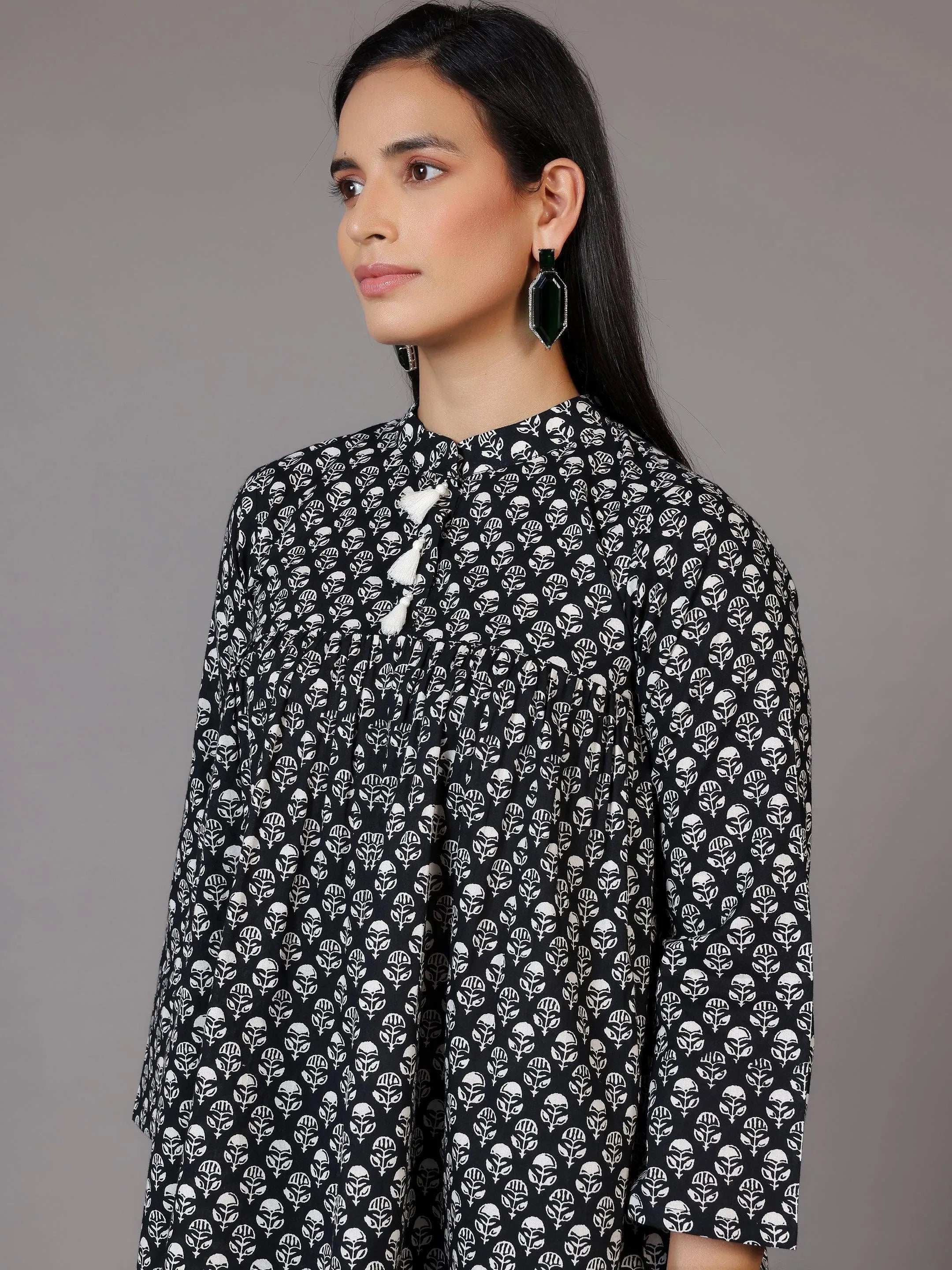 Black Printed Cotton A-Line Kurti - Libas