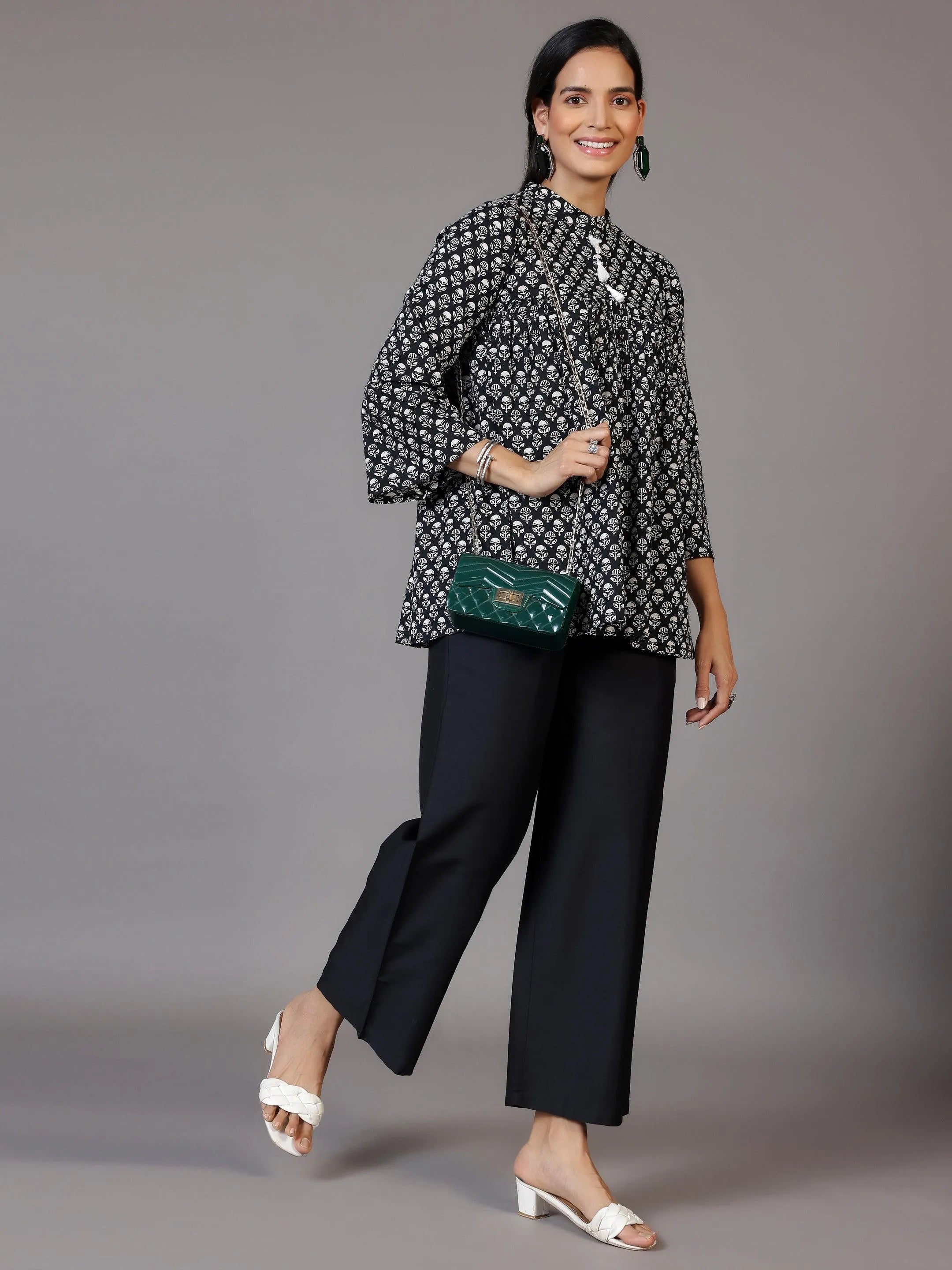 Black Printed Cotton A-Line Kurti - Libas