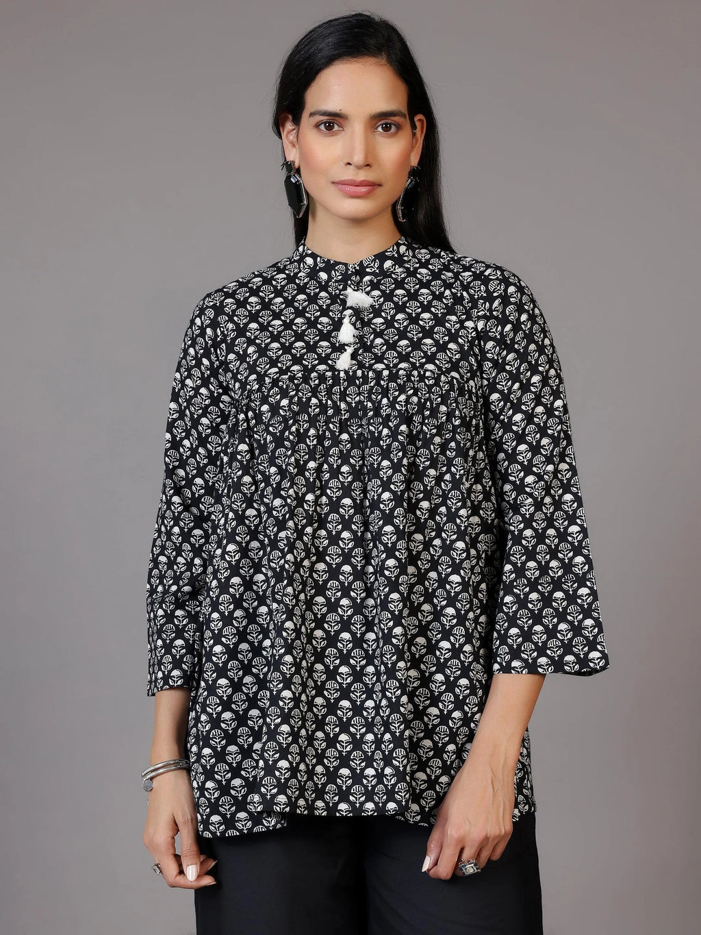Black Printed Cotton A-Line Kurti - Libas