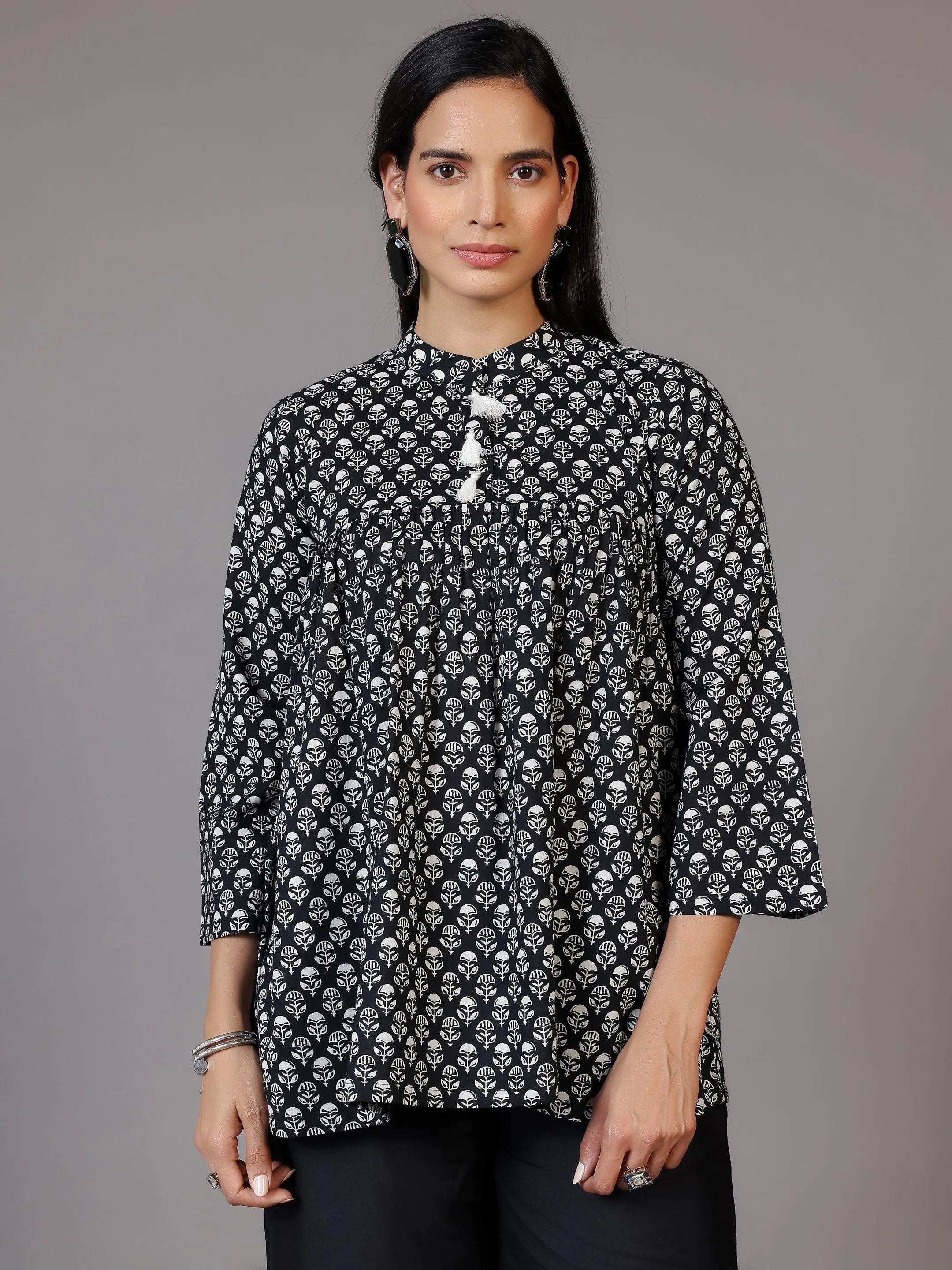 Black Printed Cotton A-Line Kurti - Libas