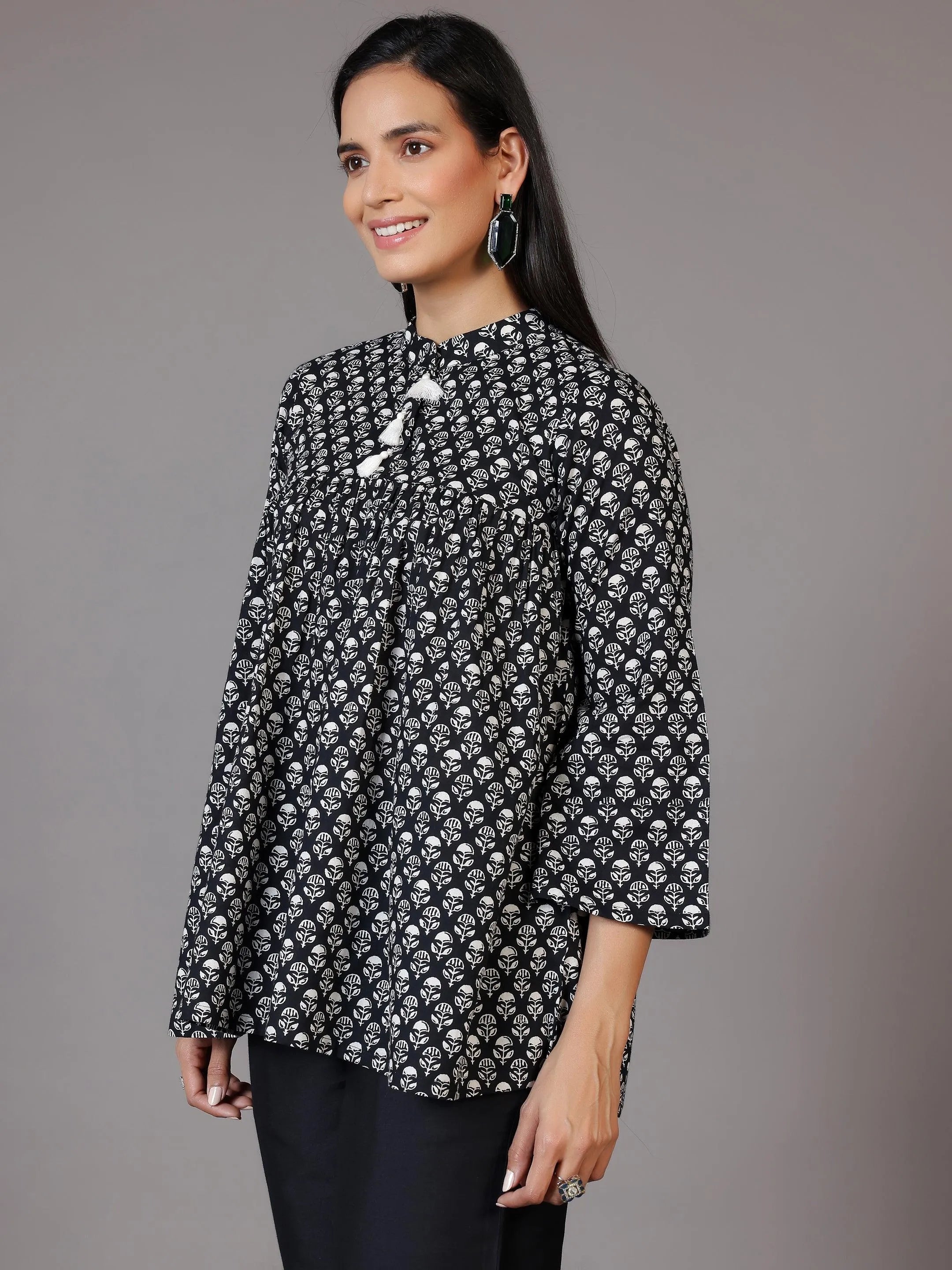 Black Printed Cotton A-Line Kurti - Libas