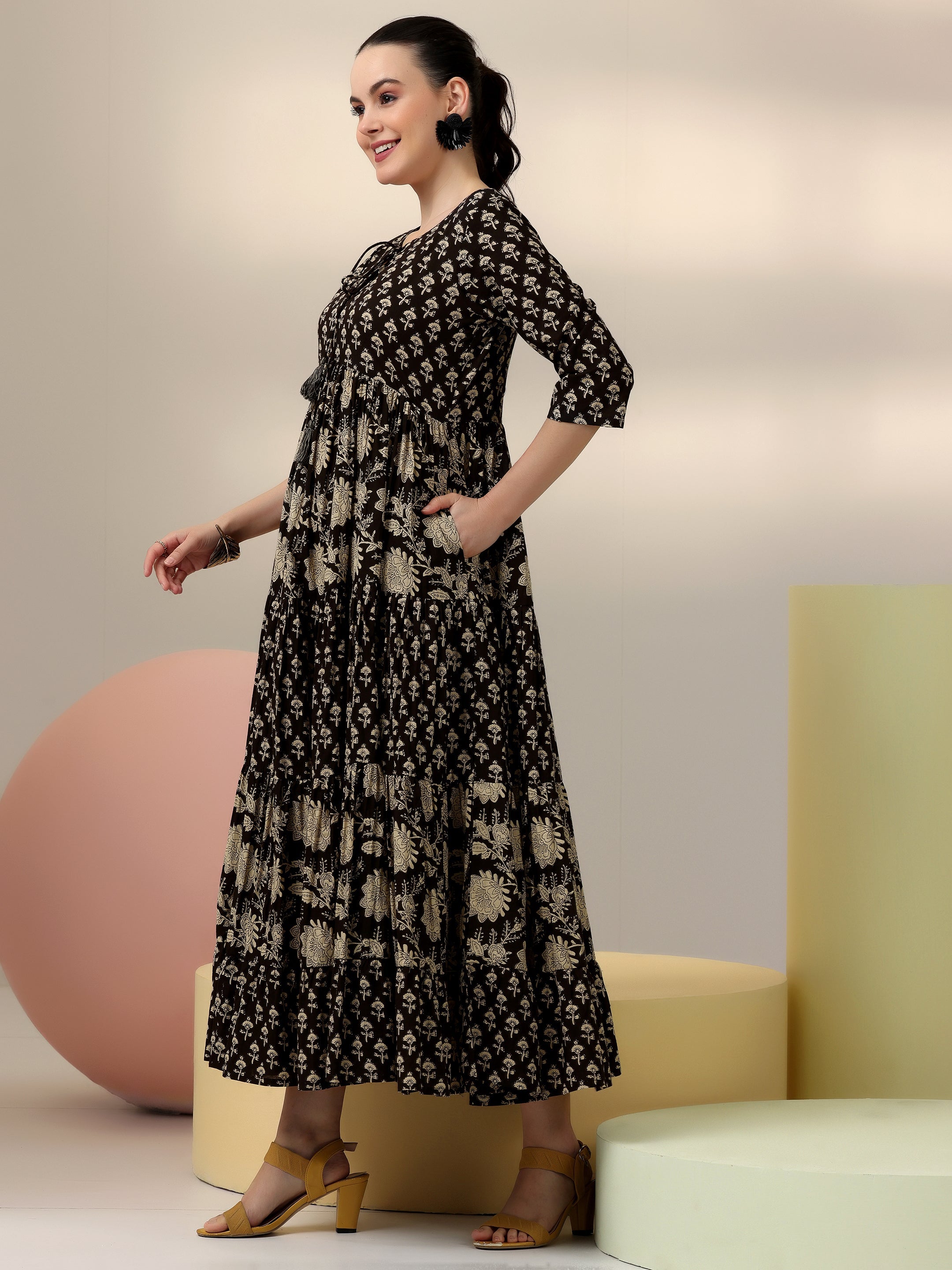 Black Printed Cotton A-Line Dress