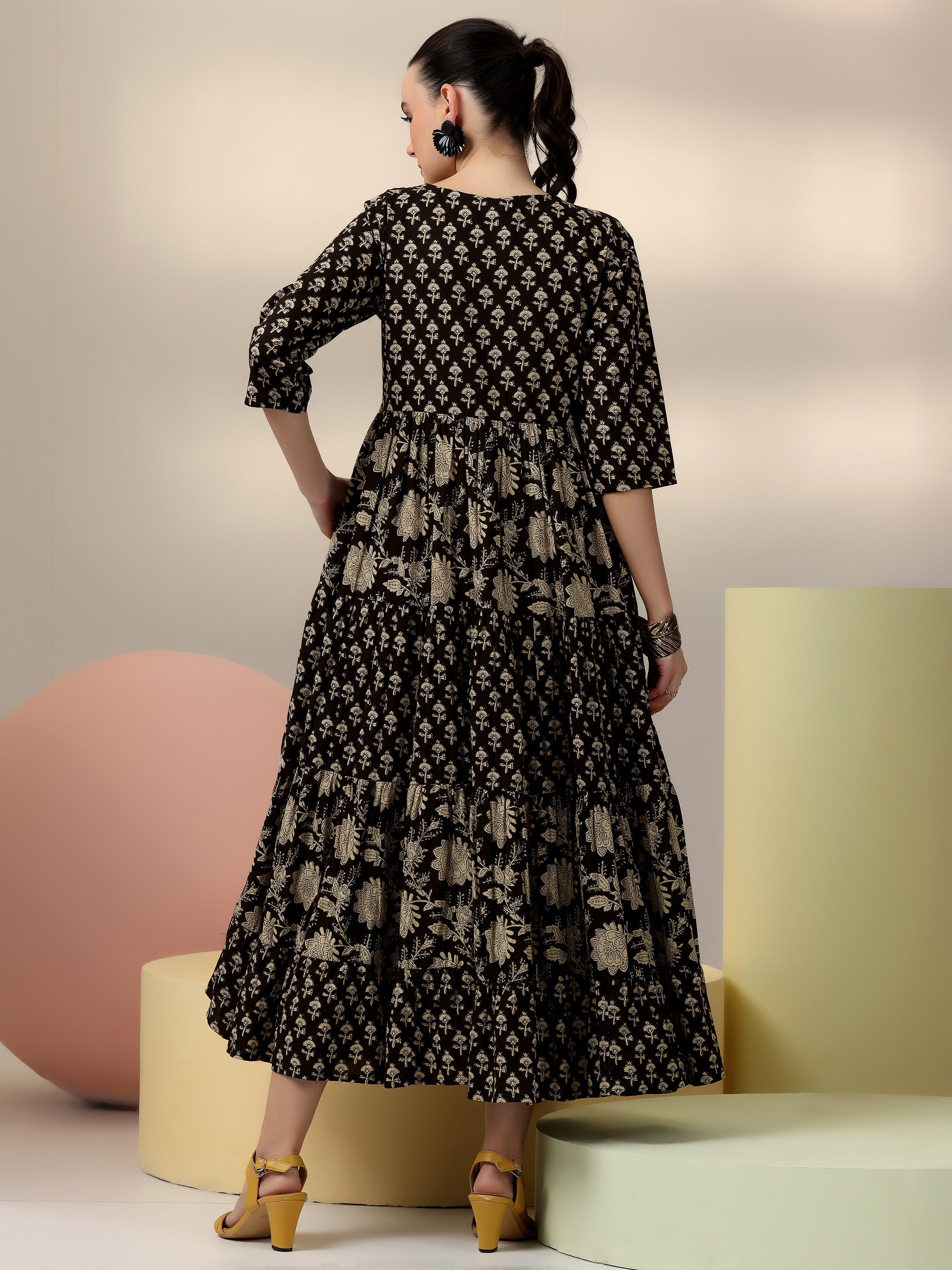 Black Printed Cotton A-Line Dress