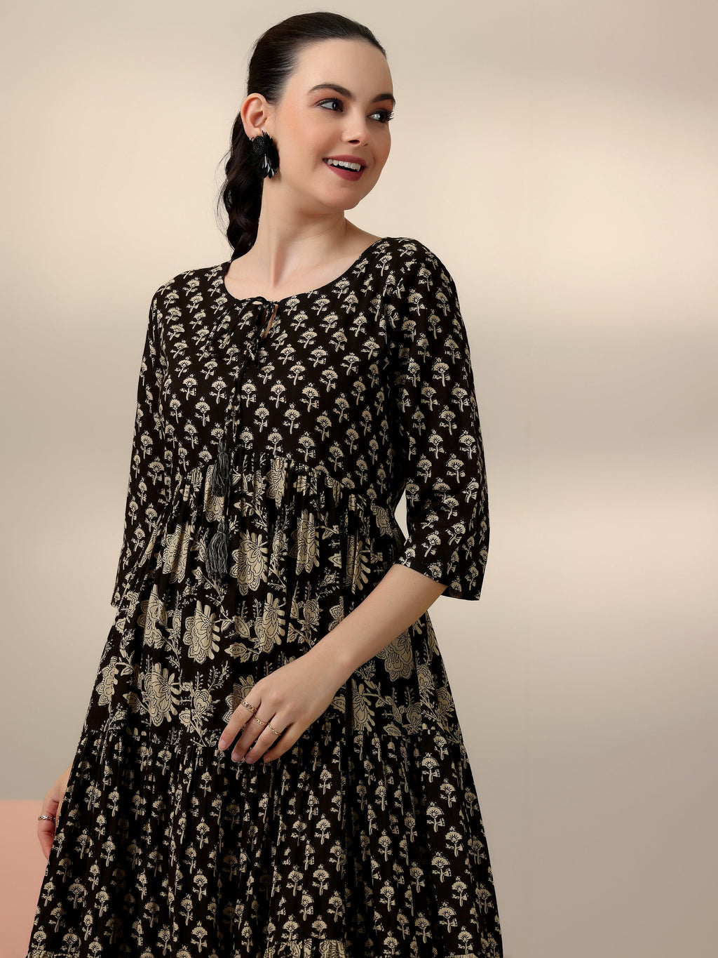 Black Printed Cotton A-Line Dress