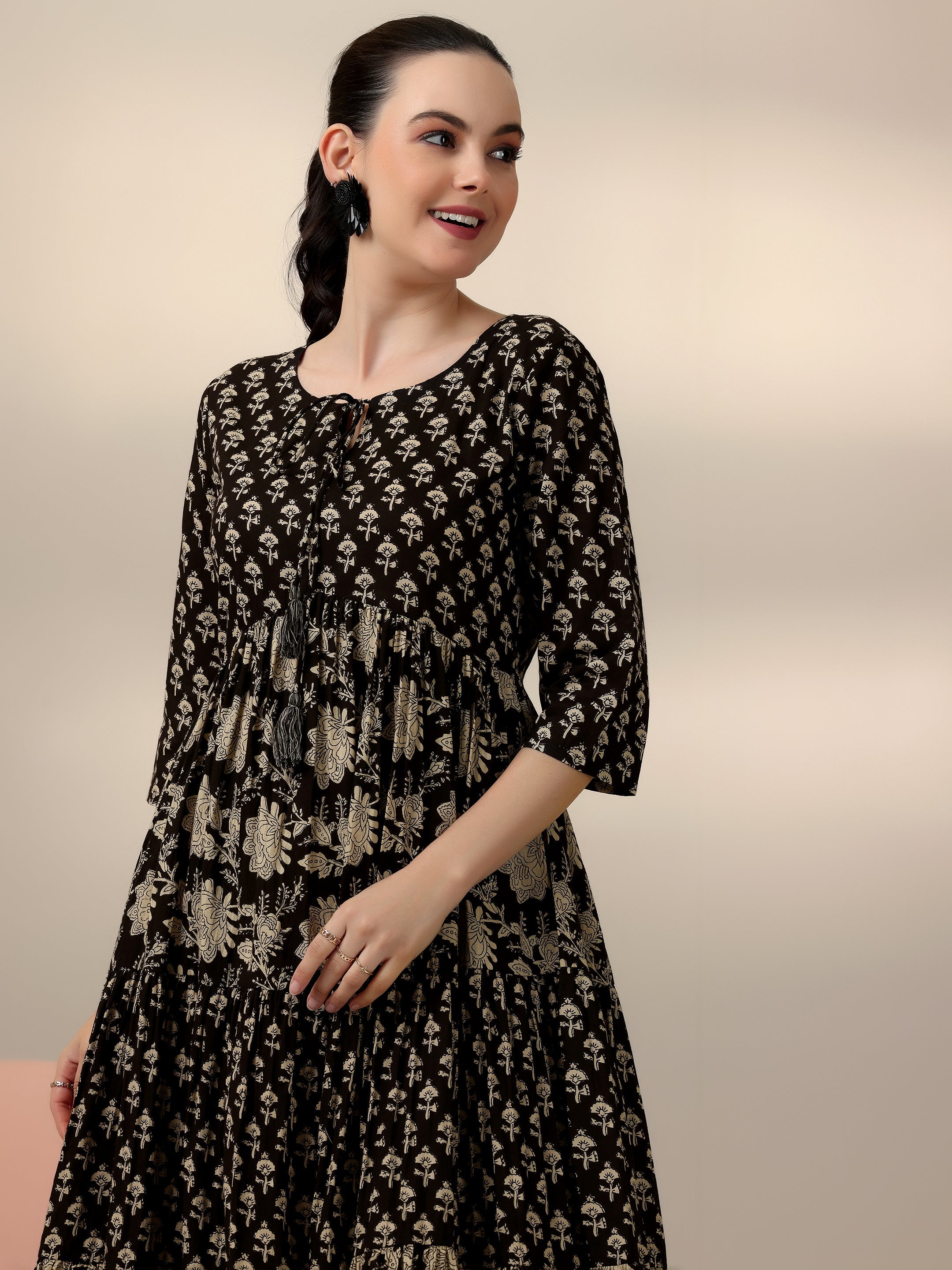 Black Printed Cotton A-Line Dress