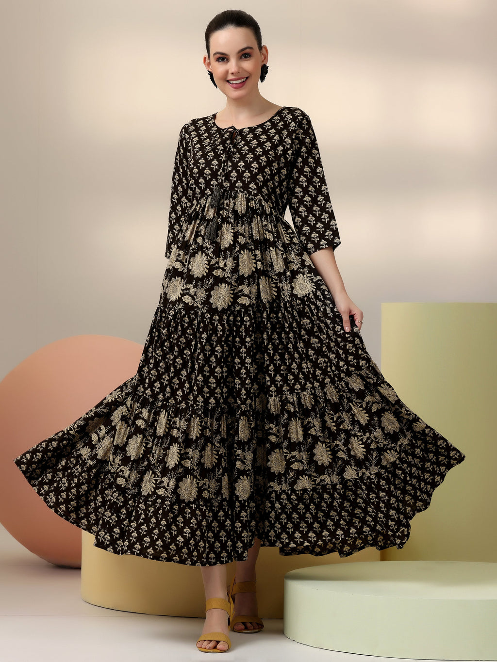 Black Printed Cotton A-Line Dress