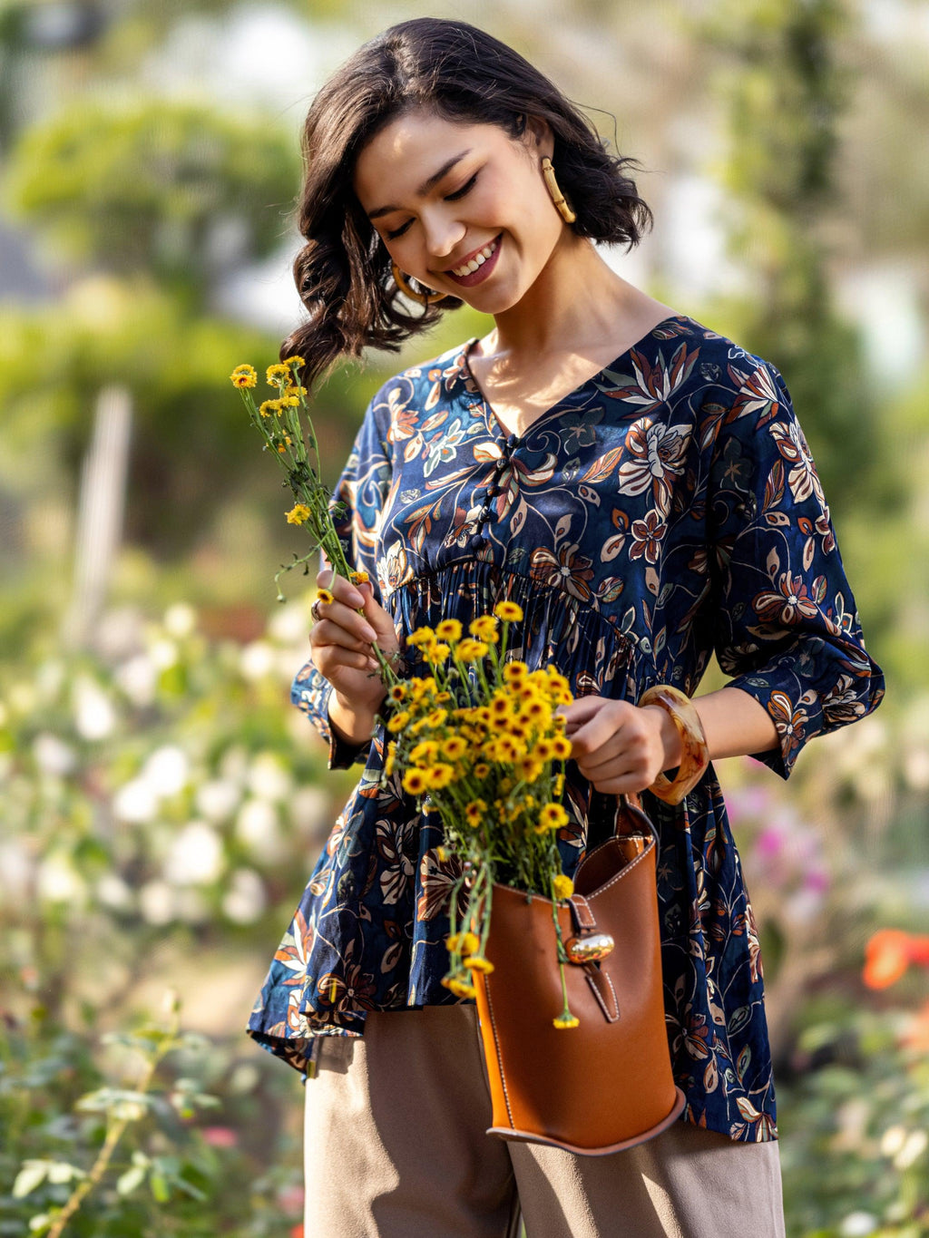 Blue Printed Silk Blend A-Line Kurti