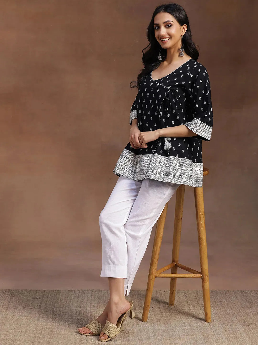 Black Printed Cotton A-line Kurti