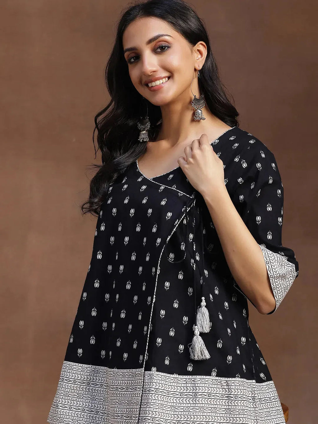 Black Printed Cotton A-line Kurti