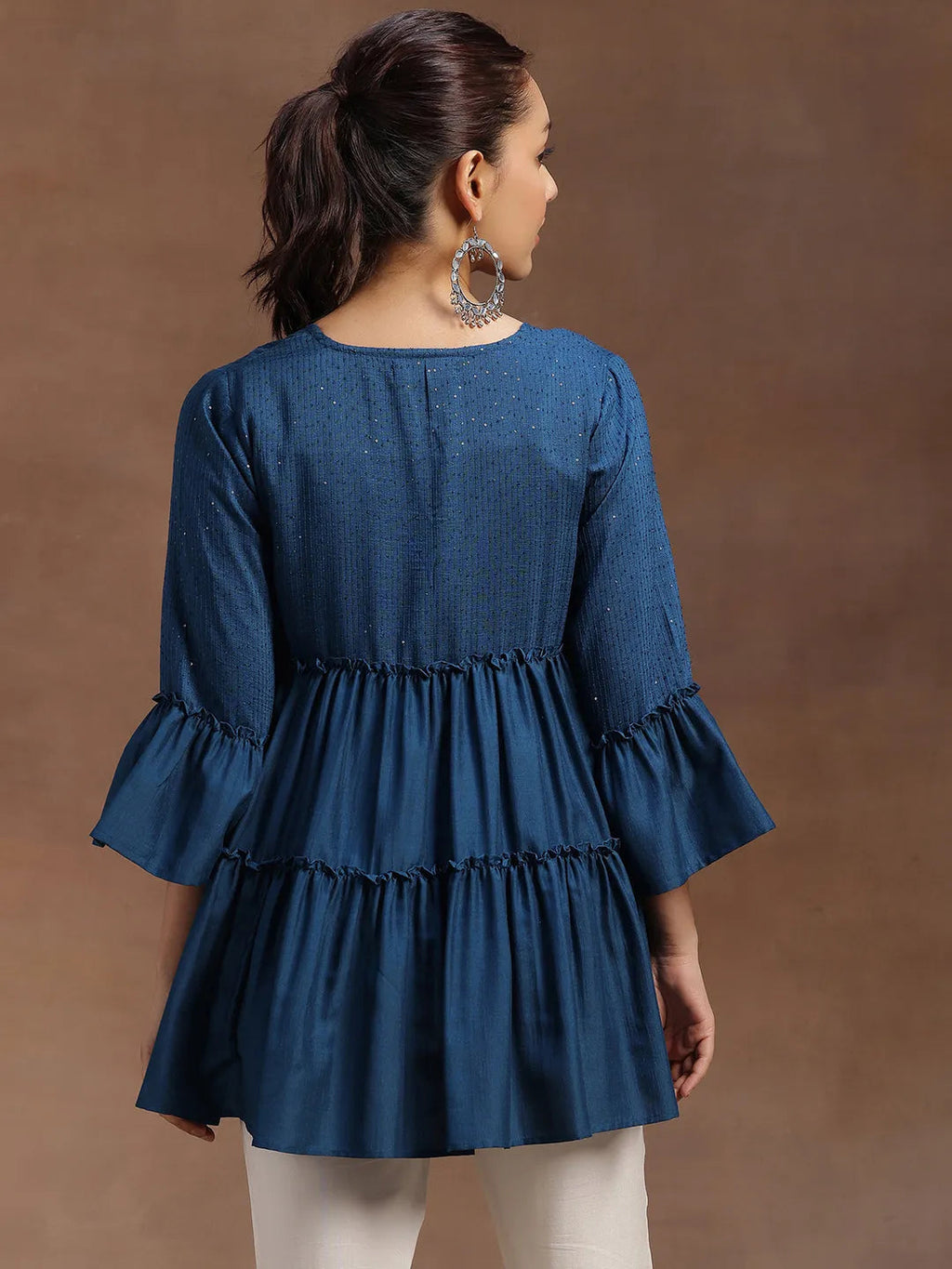 Blue Embellished Silk Blend A-line Kurti