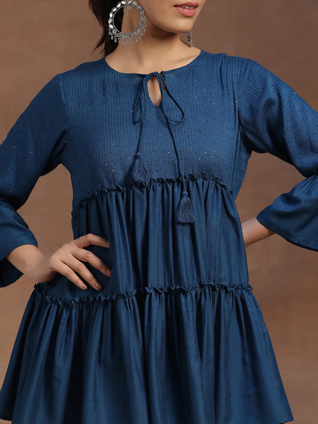 Blue Embellished Silk Blend A-line Kurti