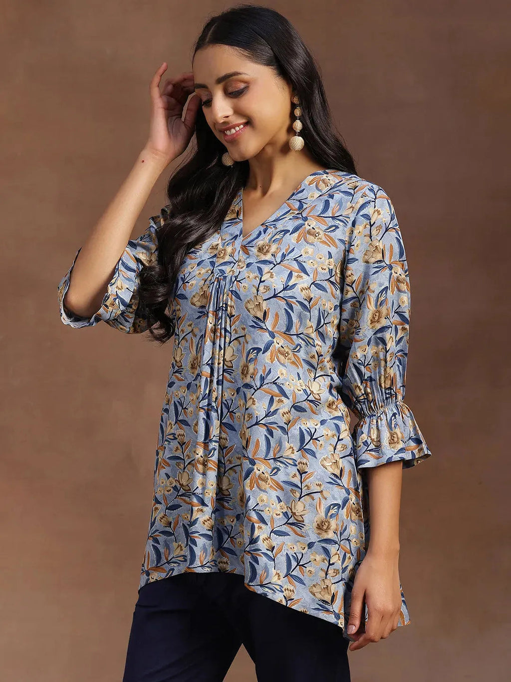Blue Printed Rayon A-line Kurti