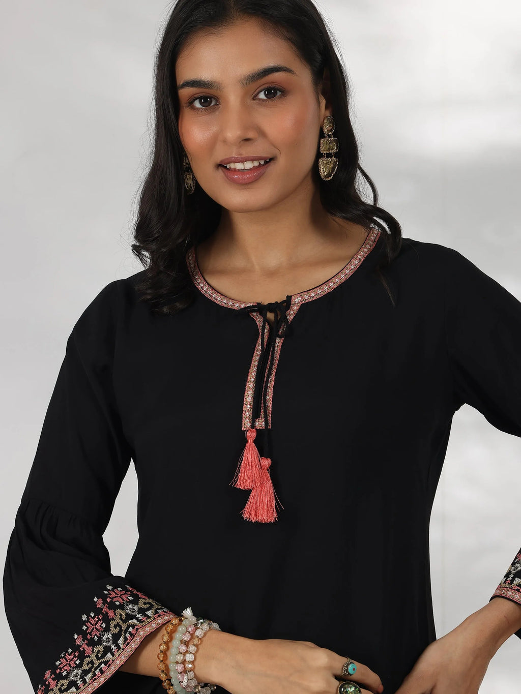 Black Embroidered Silk Blend Straight Kurti