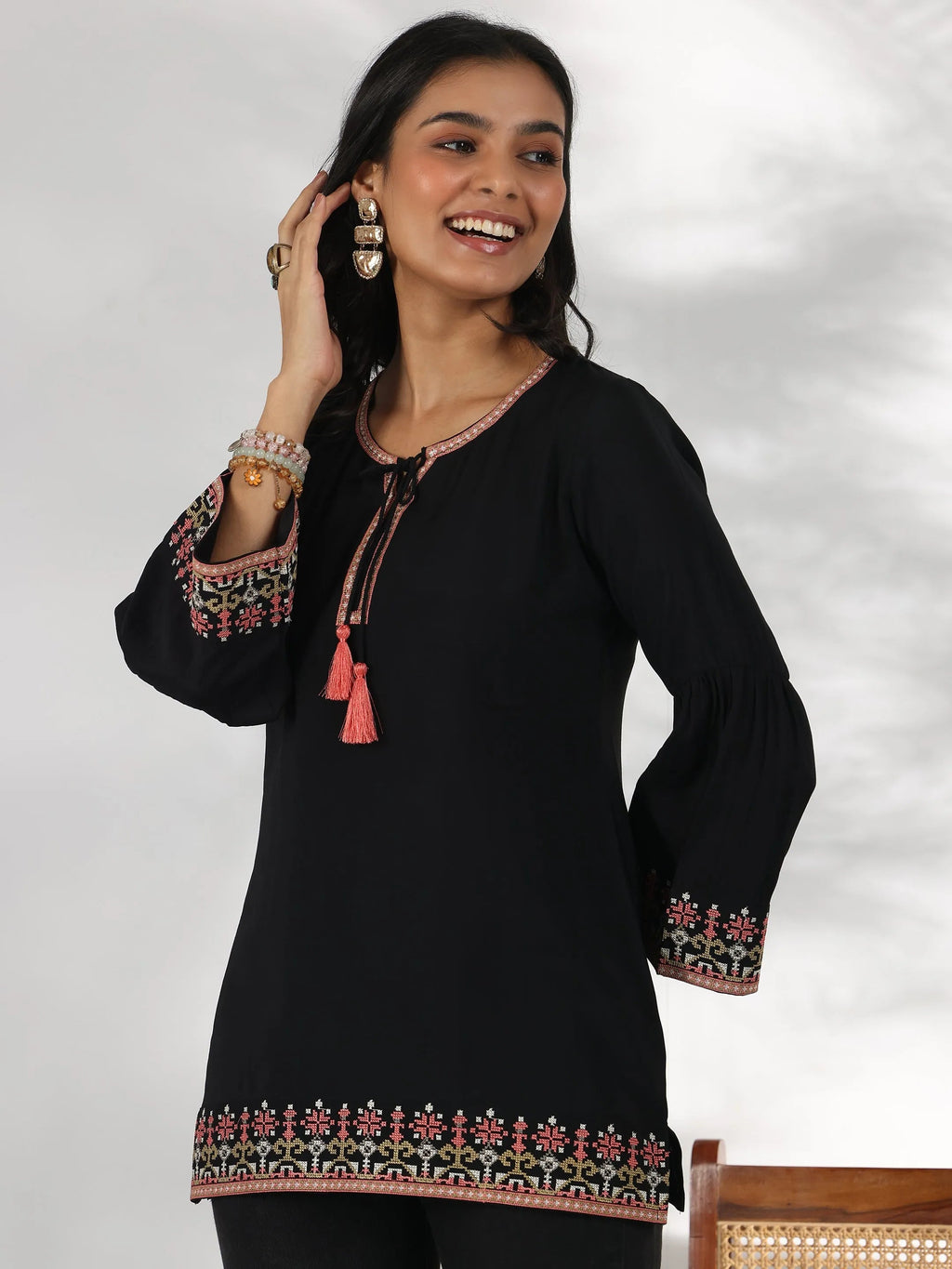 Black Embroidered Silk Blend Straight Kurti