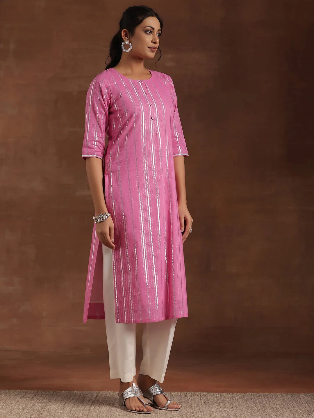 Pink Woven Design Cotton Straight Kurta