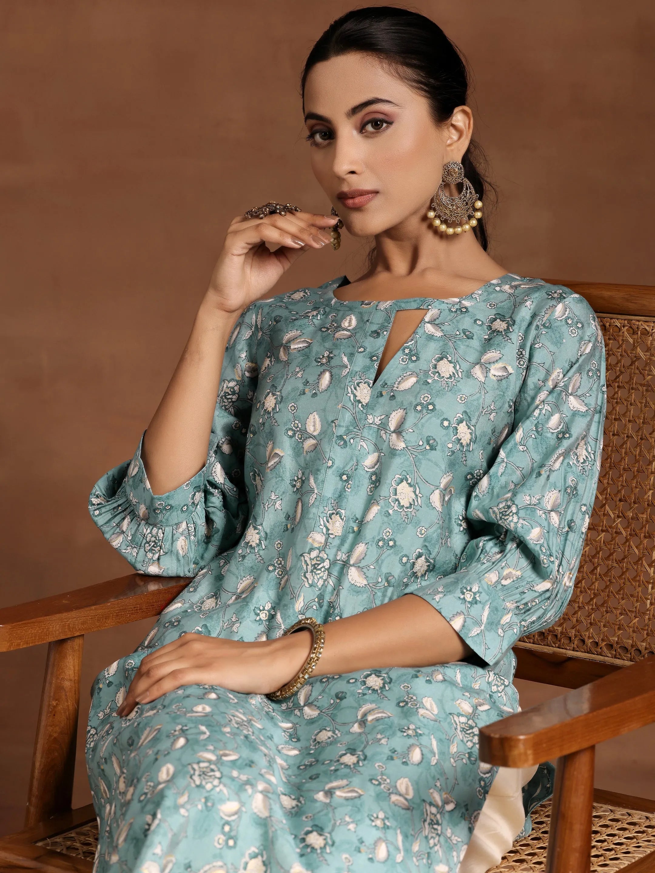 Blue Printed Silk Straight Kurta