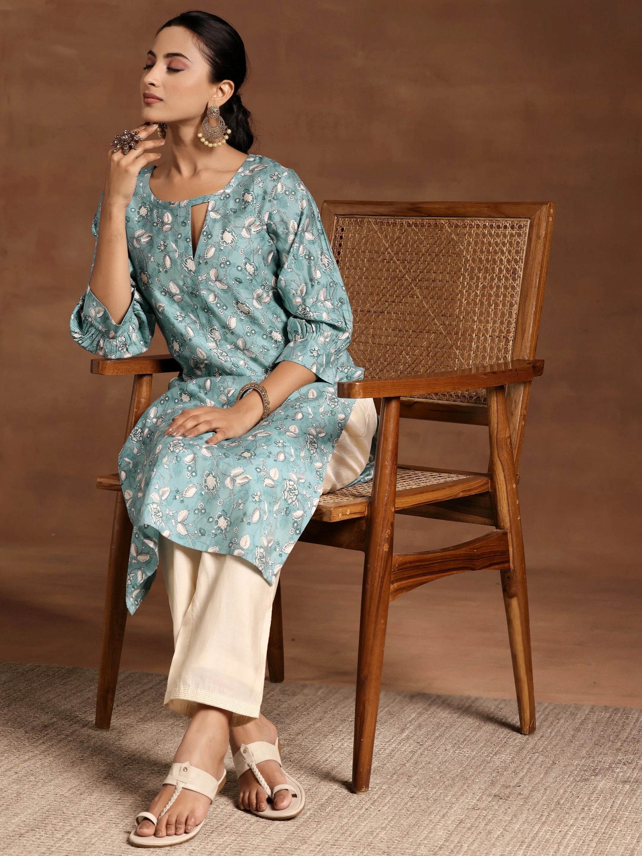 Blue Printed Silk Straight Kurta