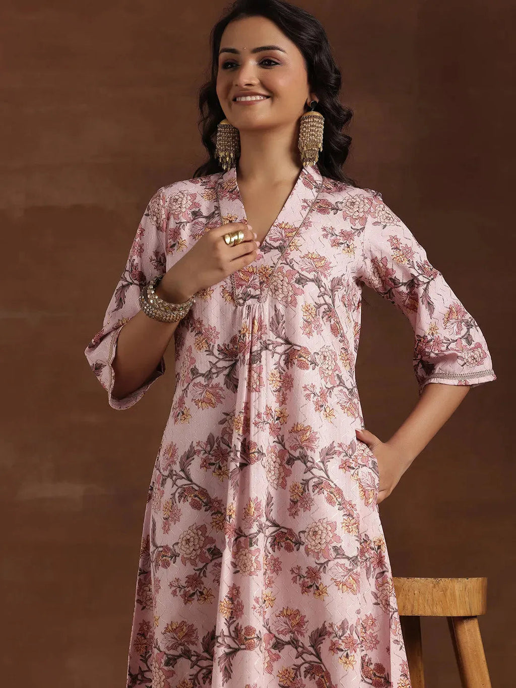 Pink Printed Cotton A-Line Kurta