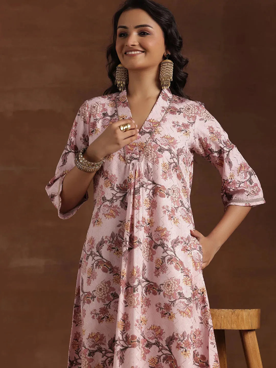 Pink Printed Cotton A-Line Kurta
